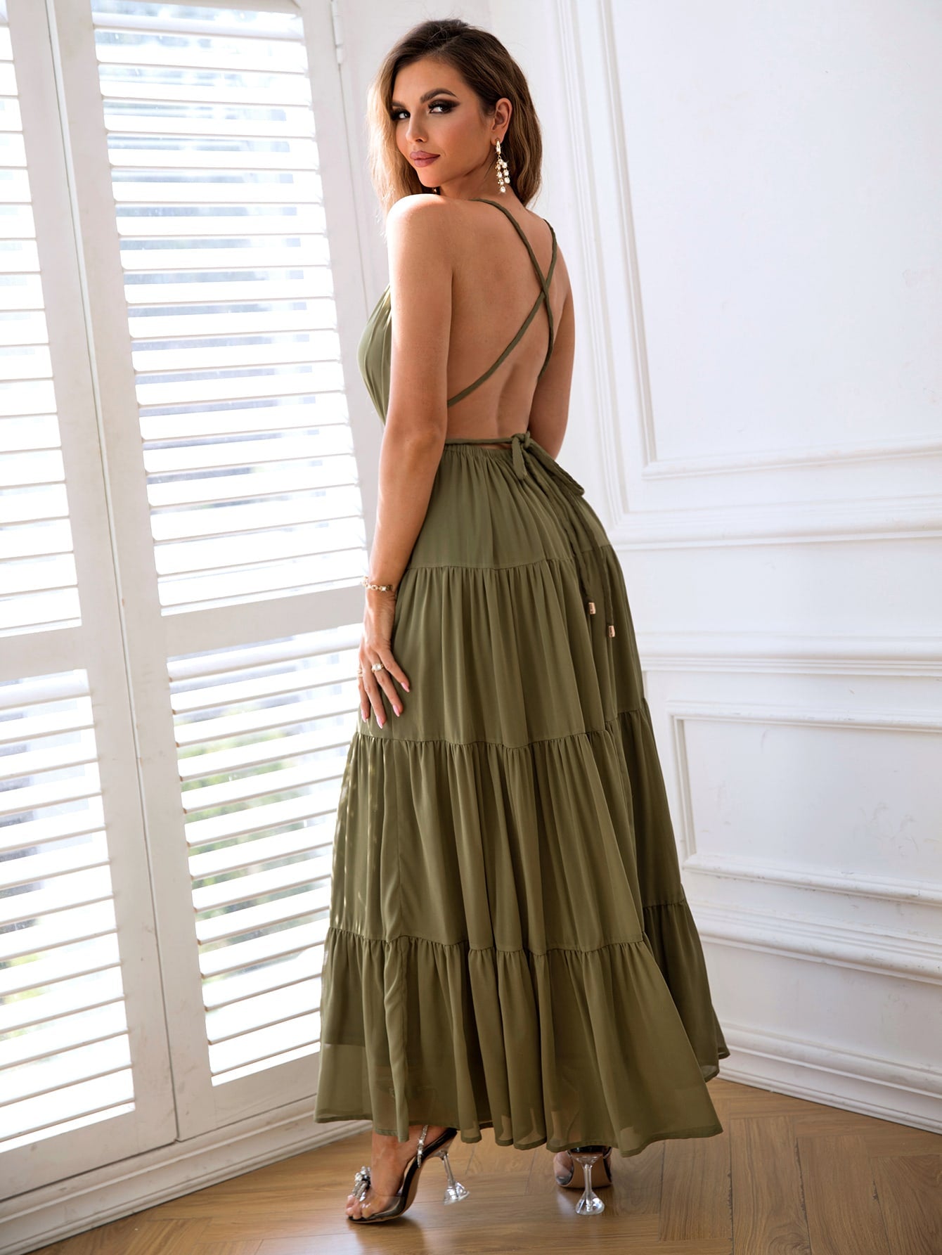 Cutout Halter Neck Backless Pleated Dress