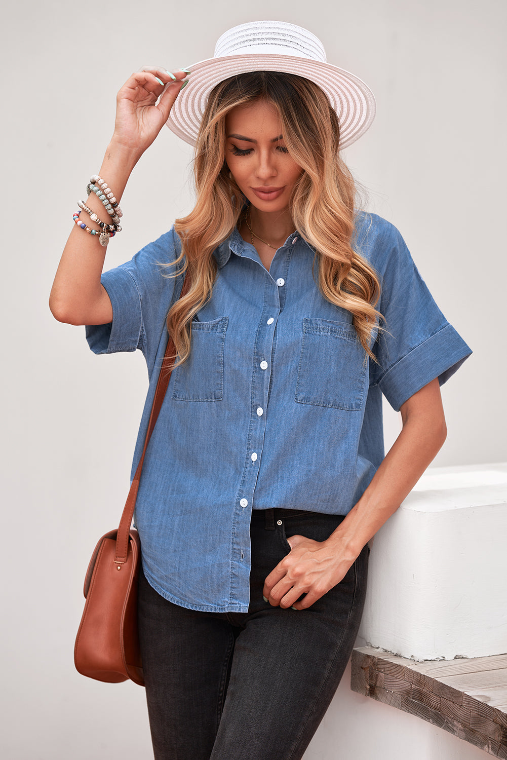 Collar Short Sleeve Denim Shirt - Absolute Fashion 2020