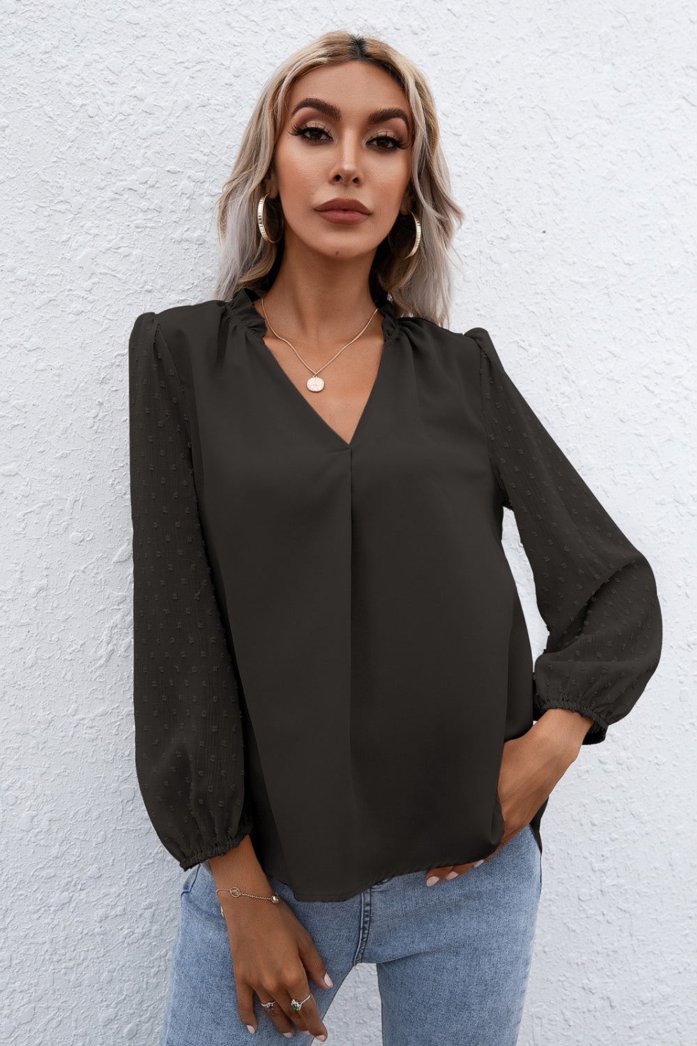 Swiss Dot Puff Sleeve Contrast Blouse - Absolute Fashion 2020