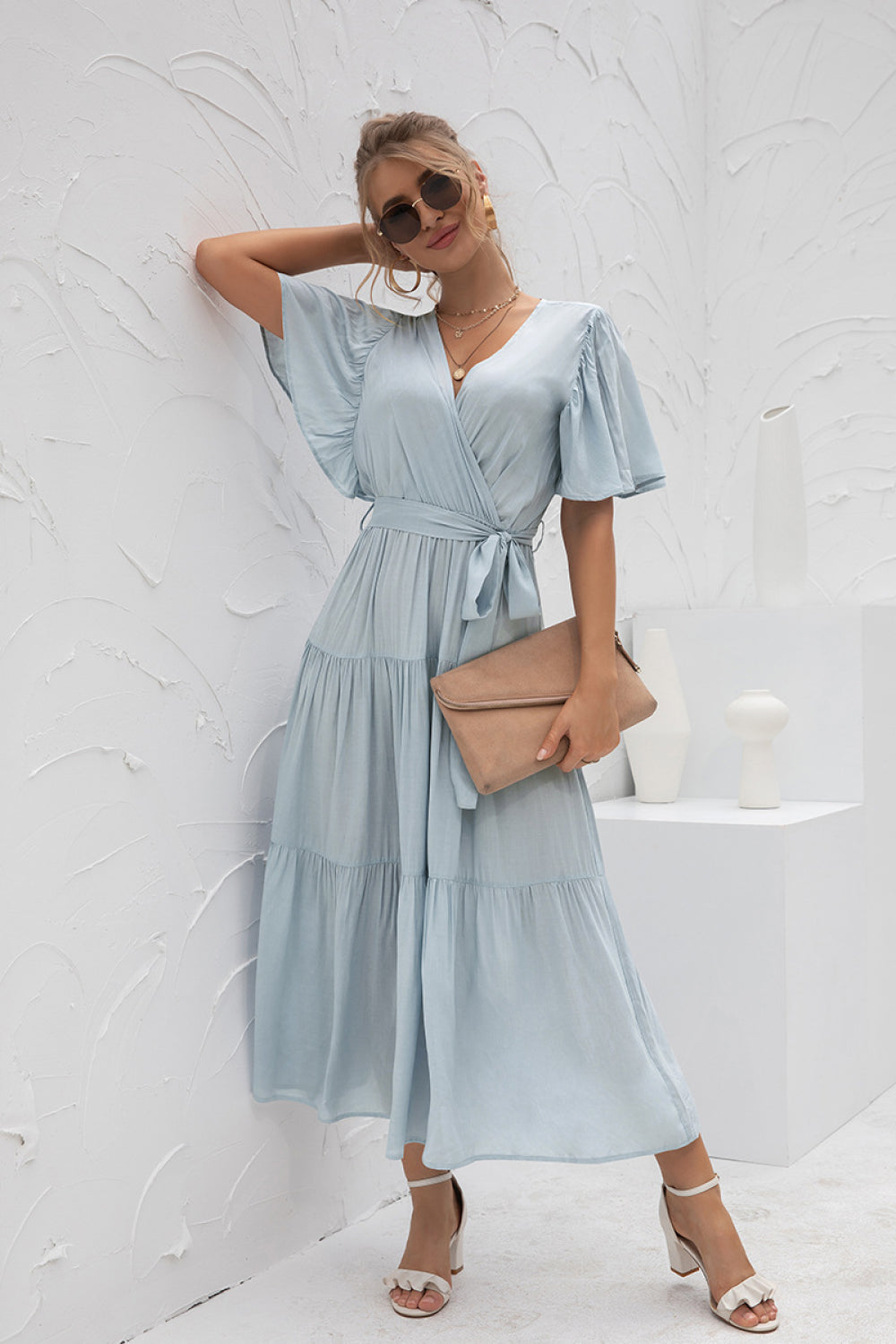 Flutter Sleeve Wrap Front Tie Dress - Absolute Fashion 2020