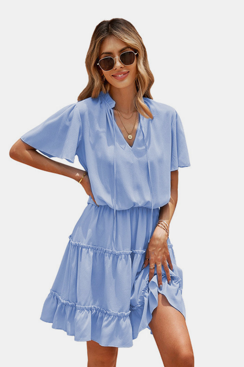 Tie Neck Ruffle Hem Tiered Dress - Absolute Fashion 2020