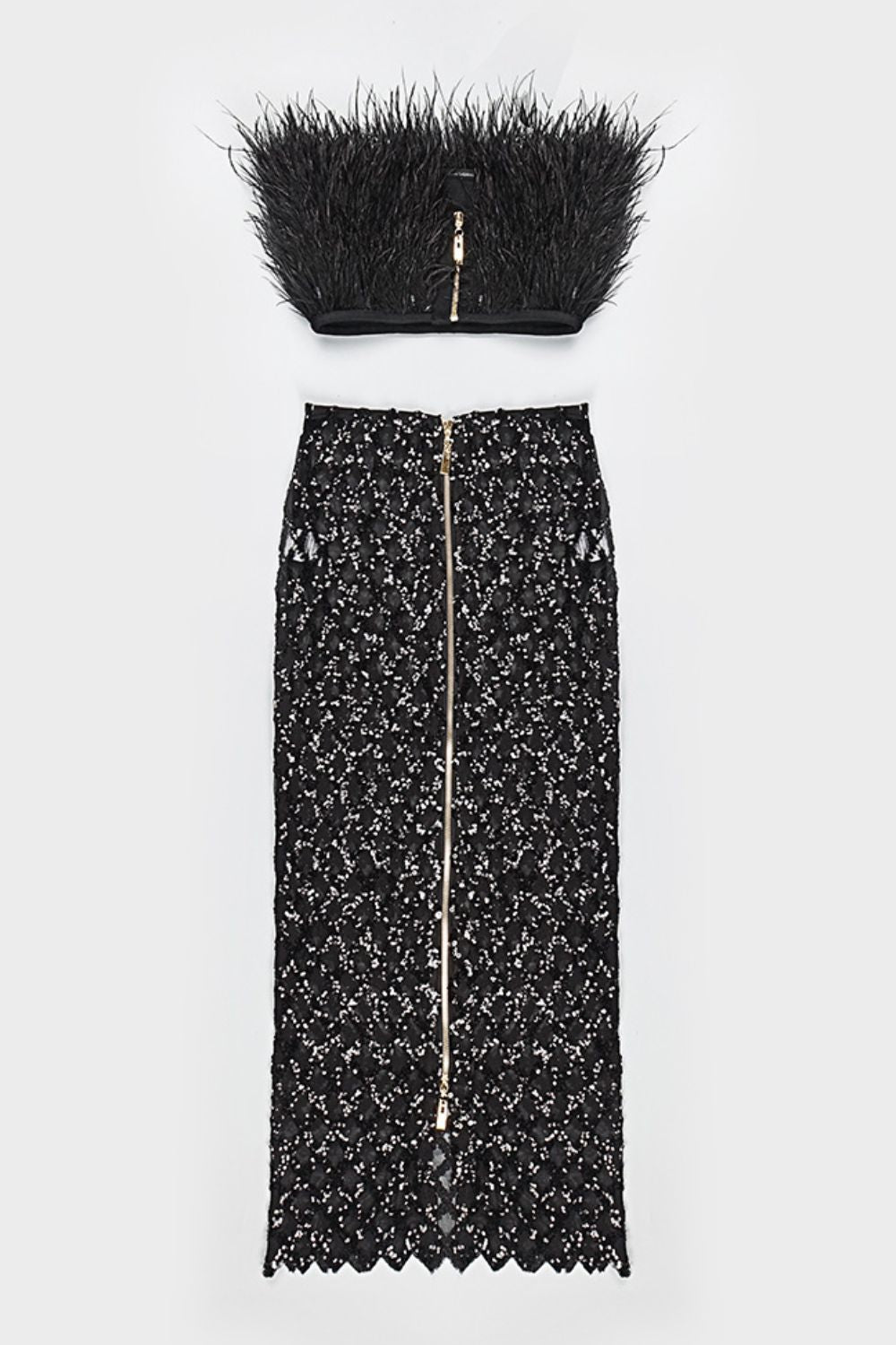 Feather Trim Tube Top and Sequined Sheer Skirt Set