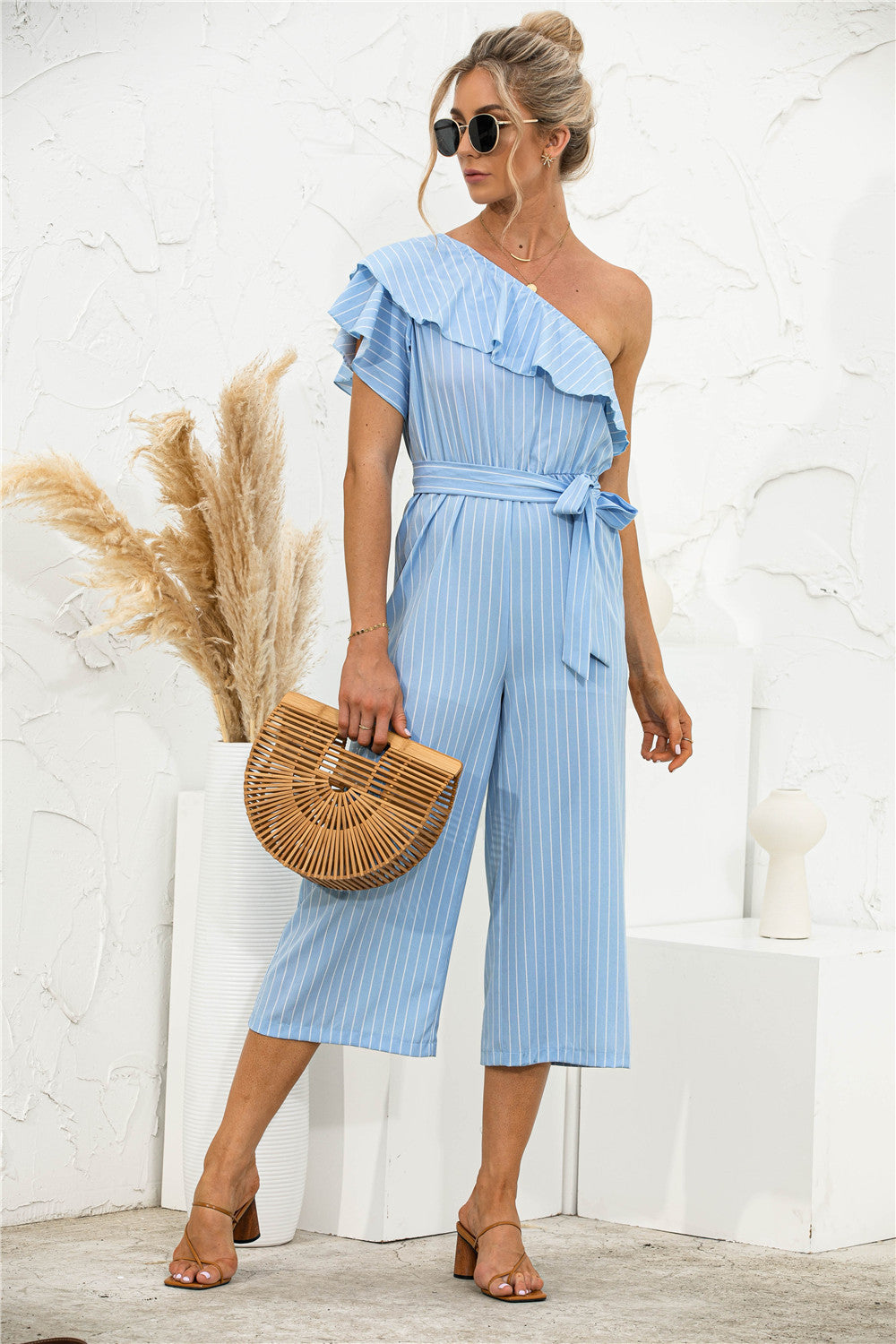 Asymmetric Neck Ruffle Trim Striped Jumpsuit - Absolute Fashion 2020