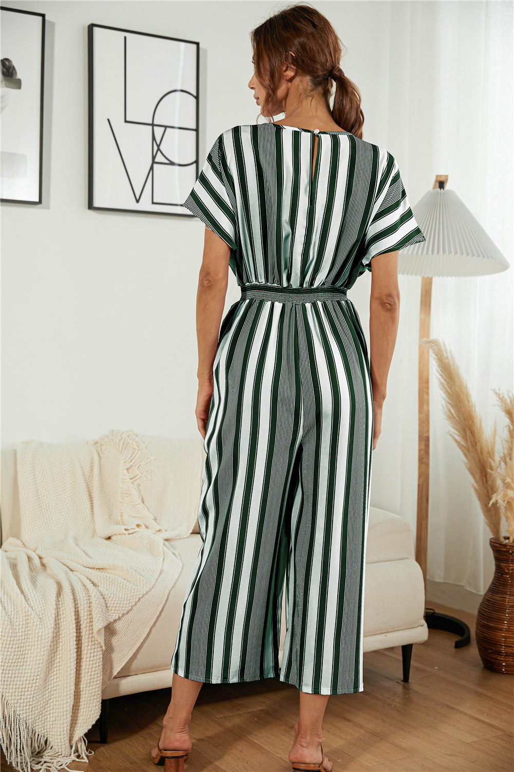 Striped V Neck Wide Leg Jumpsuit - Absolute Fashion 2020