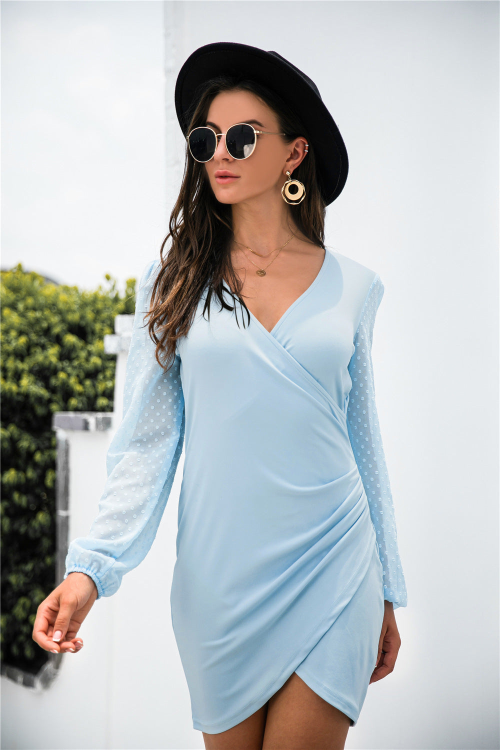 Contrast Mesh Sleeve Wrap Front Dress - Absolute Fashion 2020