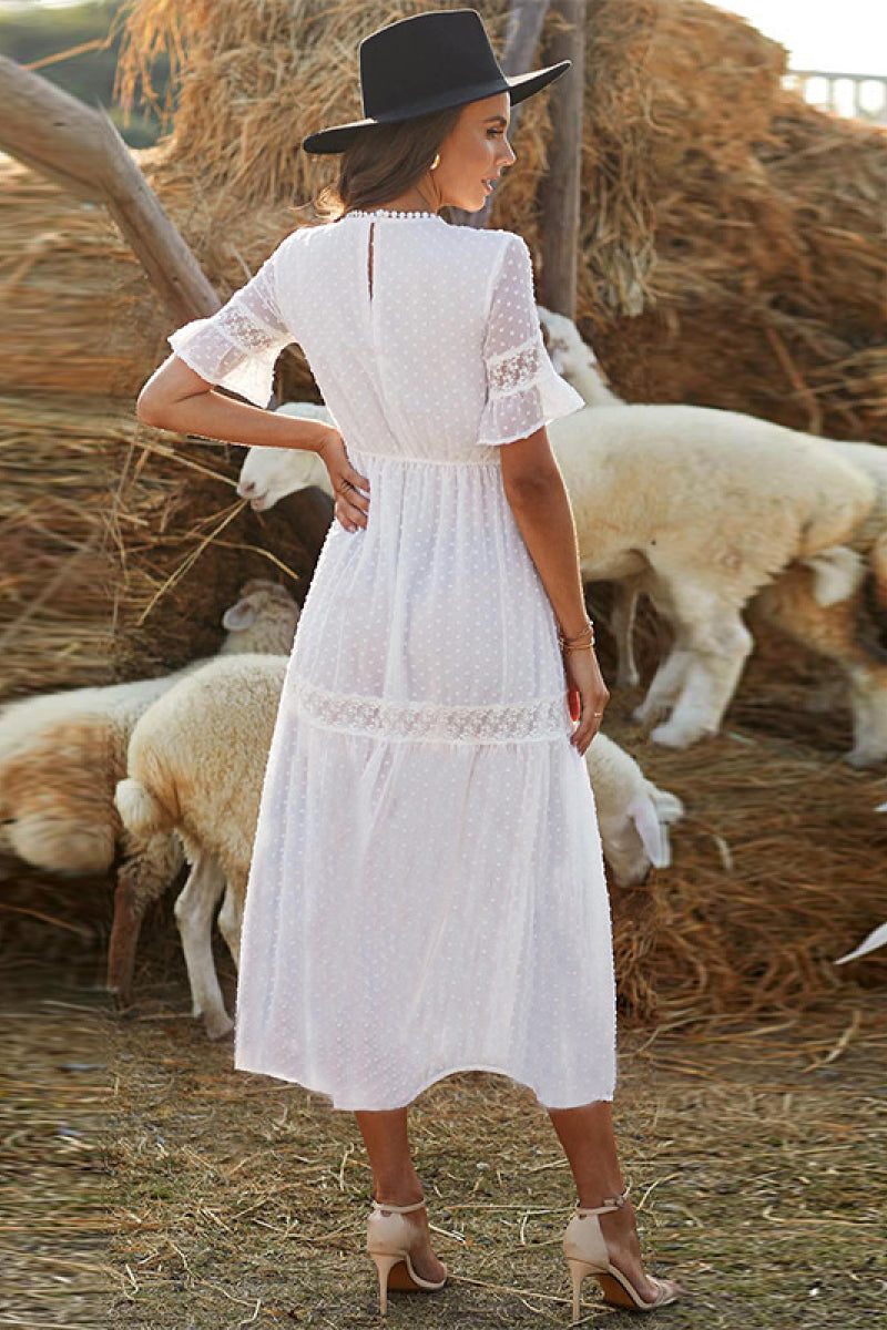 Lace Hollow-out V Neck Chiffon Dress - Absolute Fashion 2020