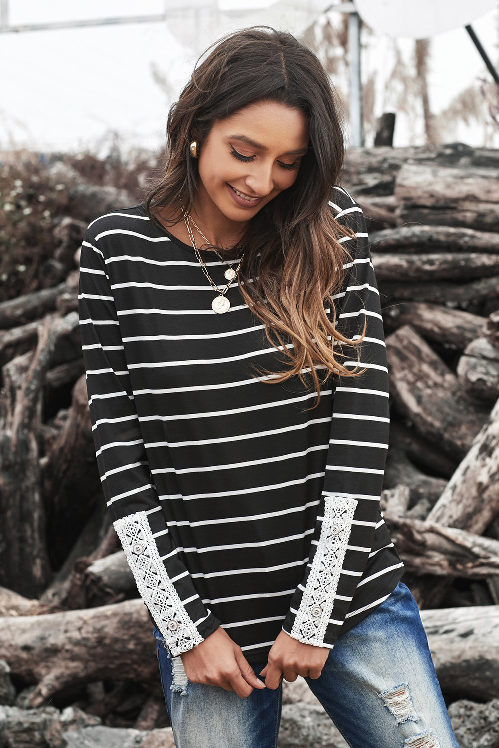 Striped Lace Button Detail Top - Absolute Fashion 2020