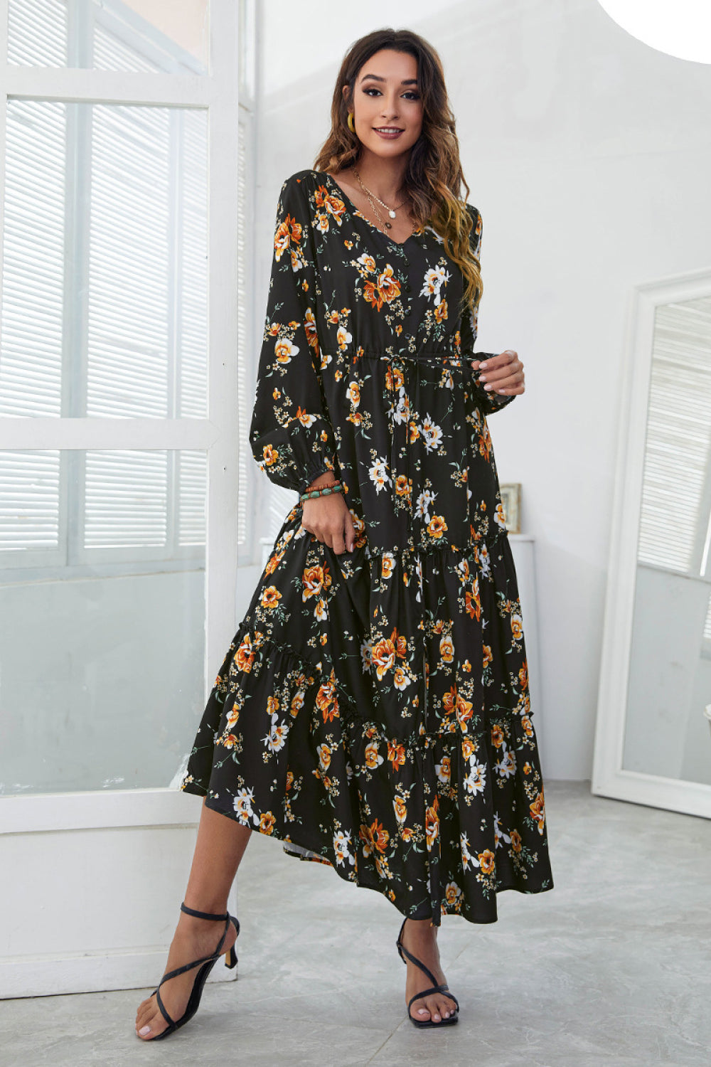 Floral Slit Hem Tiered Midi Dress