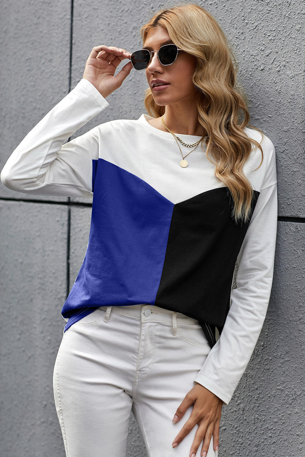 Color Block Splicing O-Neck Blouse - Absolute Fashion 2020