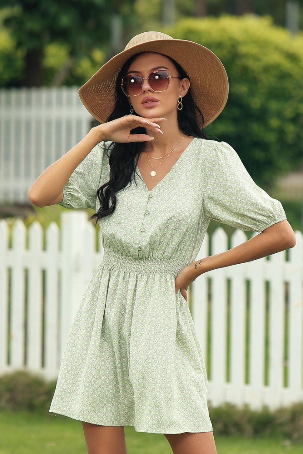 Printed V-neckline Tie Waist Dress