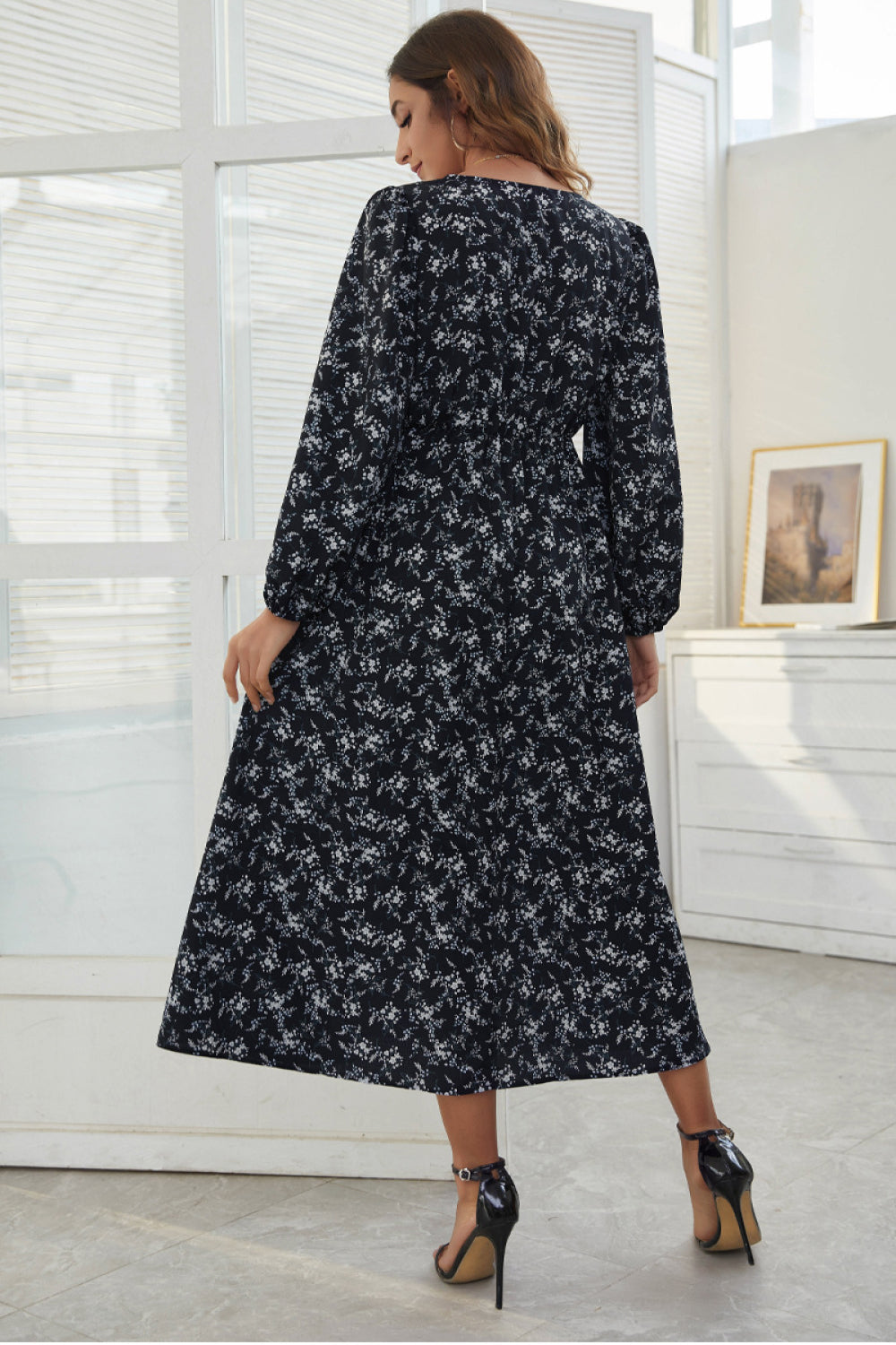 Floral V-Neck Elastic Waist Dress
