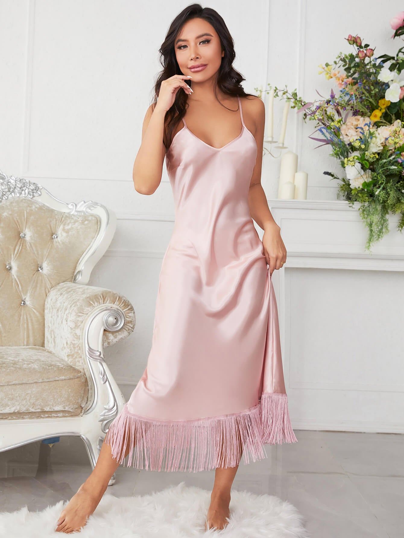 Spaghetti Strap V-Neck Ruffle Hem Satin Night Dress