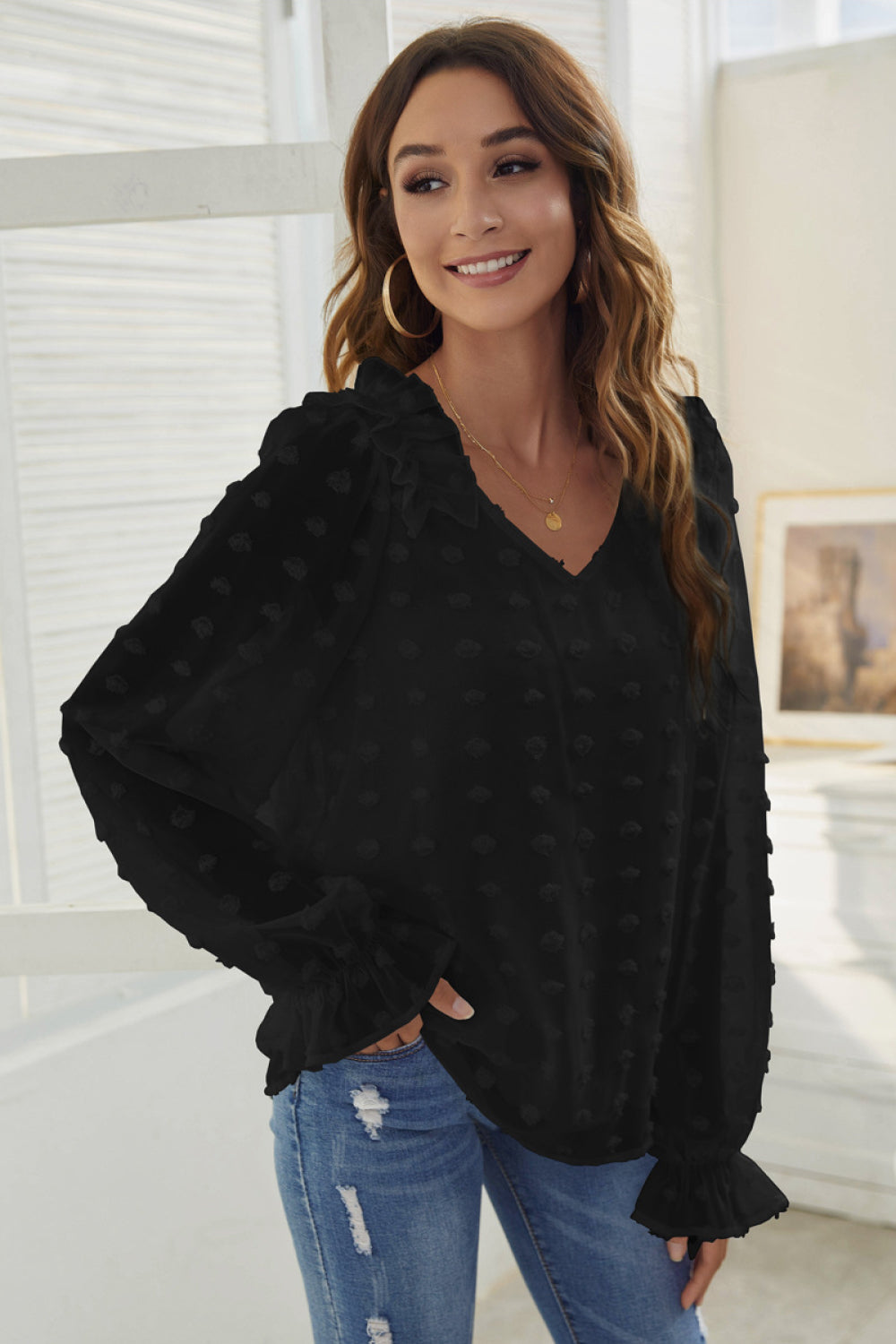 Swiss Dot V-Neck Ruffle Trim Blouse