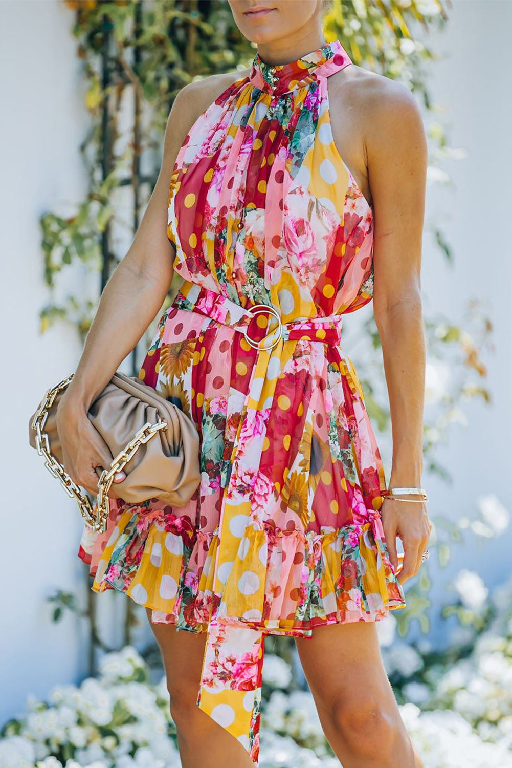 Floral Polka Dot Belted Sleeveless Mini Dress