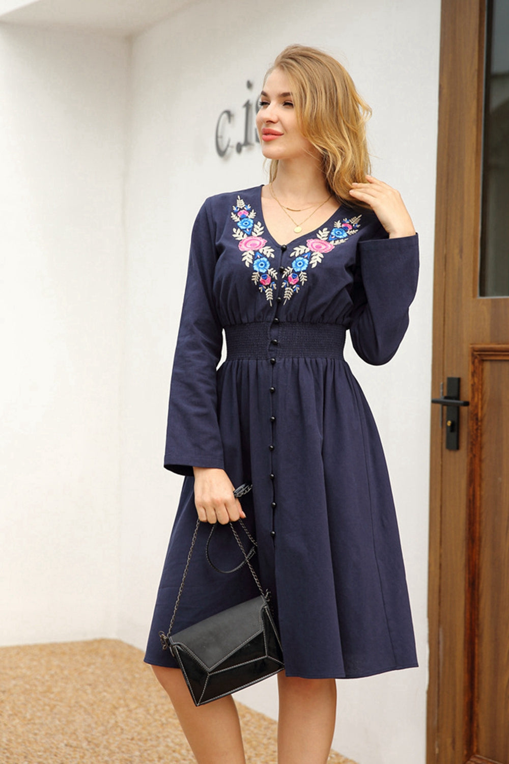 Solid with Embroidery Tie-waist Dress
