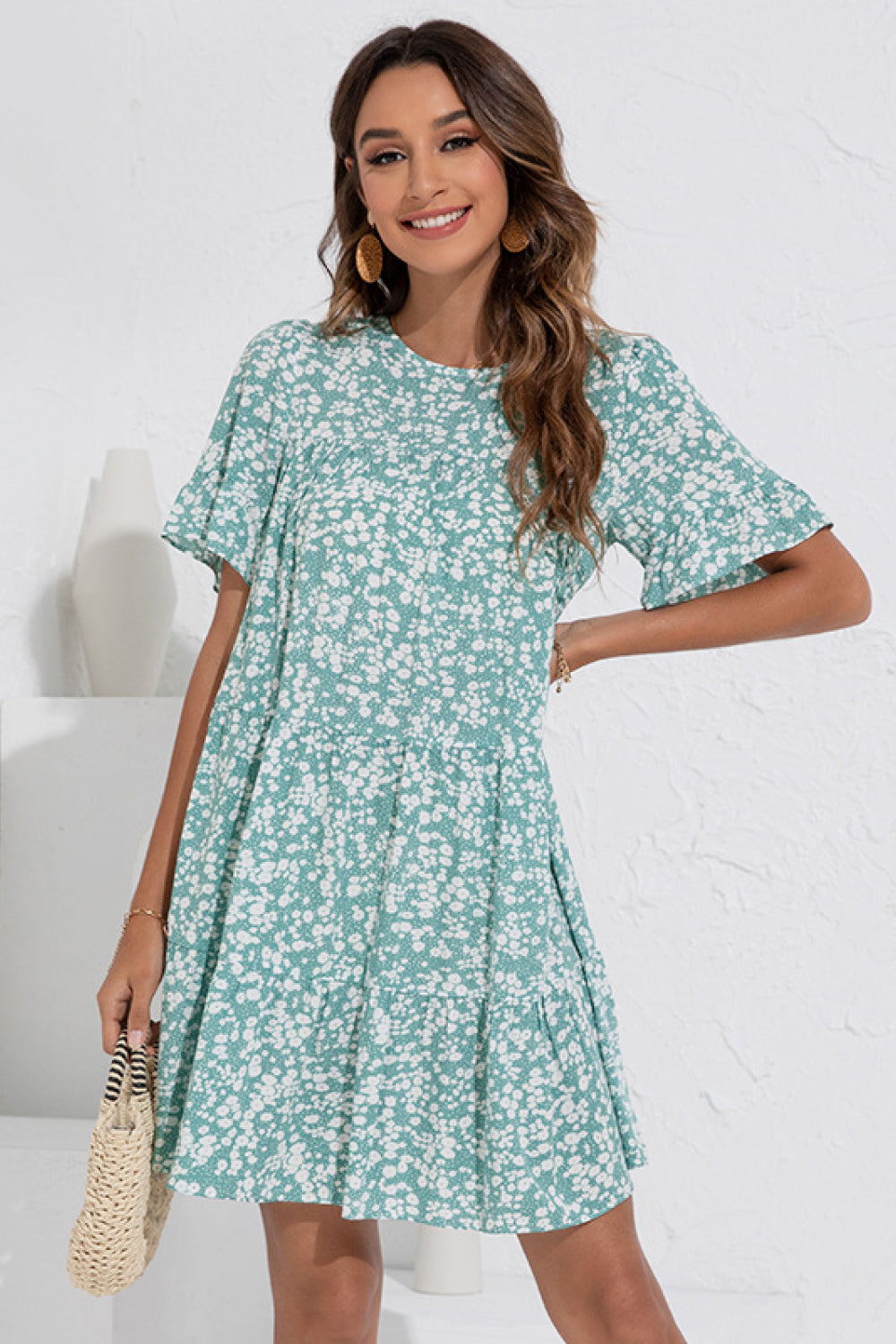 Floral Round Neck Ruffle Sleeve Dress - Absolute Fashion 2020