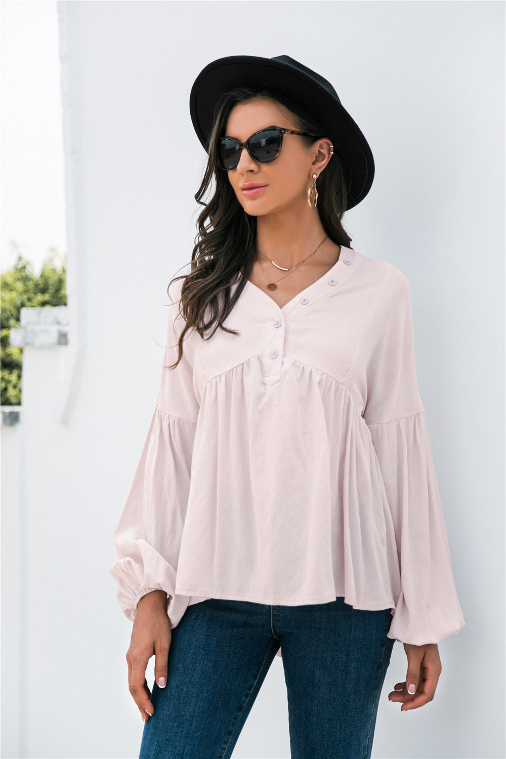 Button Detail Lantern Sleeve Peplum Top - Absolute Fashion 2020
