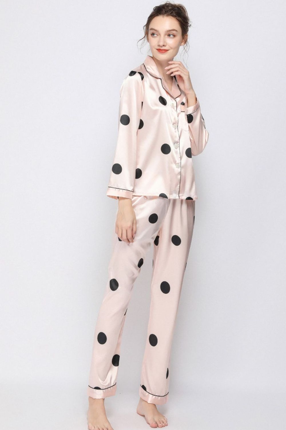 Satin Button-Up Lapel Collar Top and Pants Pajama Set