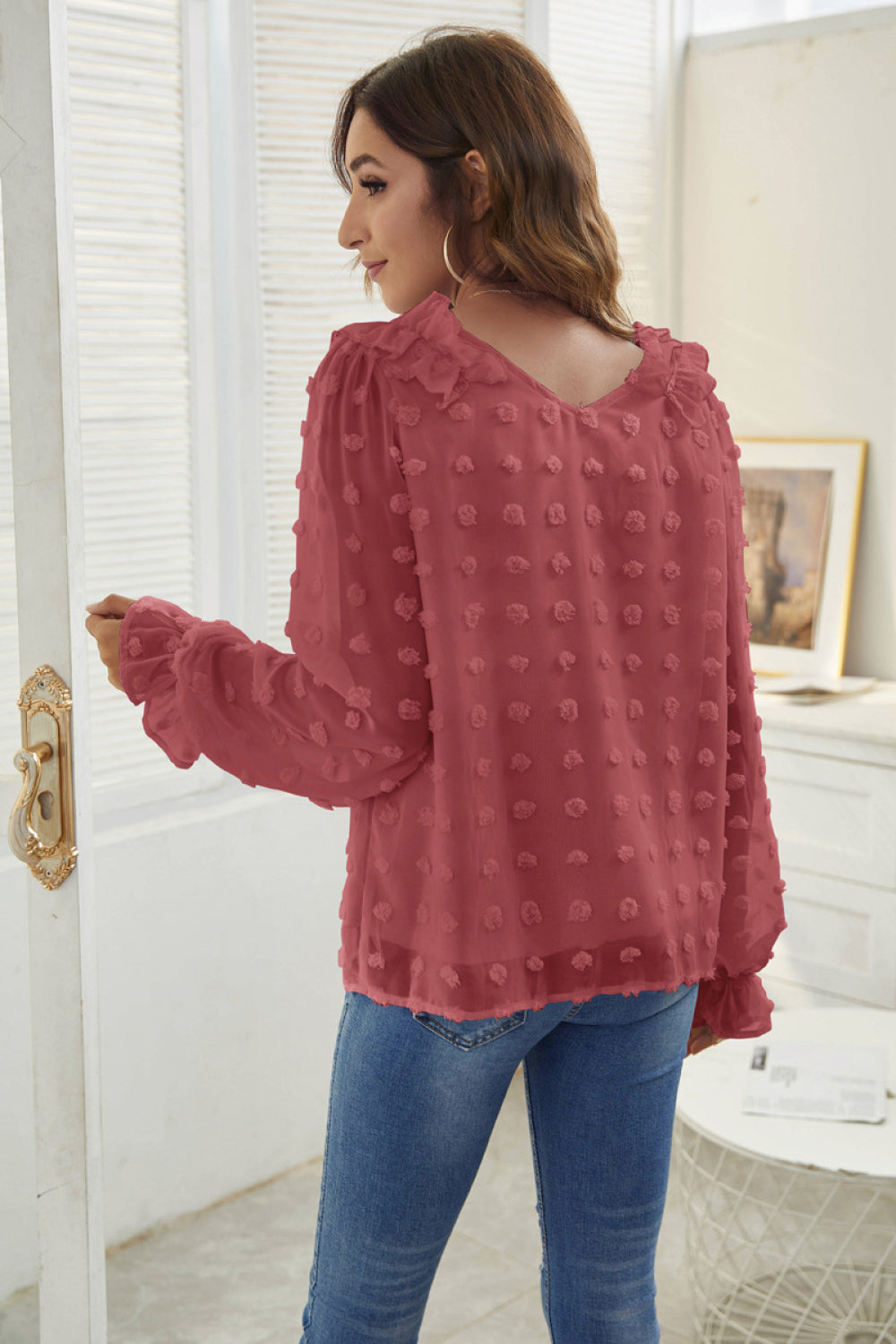 Swiss Dot V-Neck Ruffle Trim Blouse
