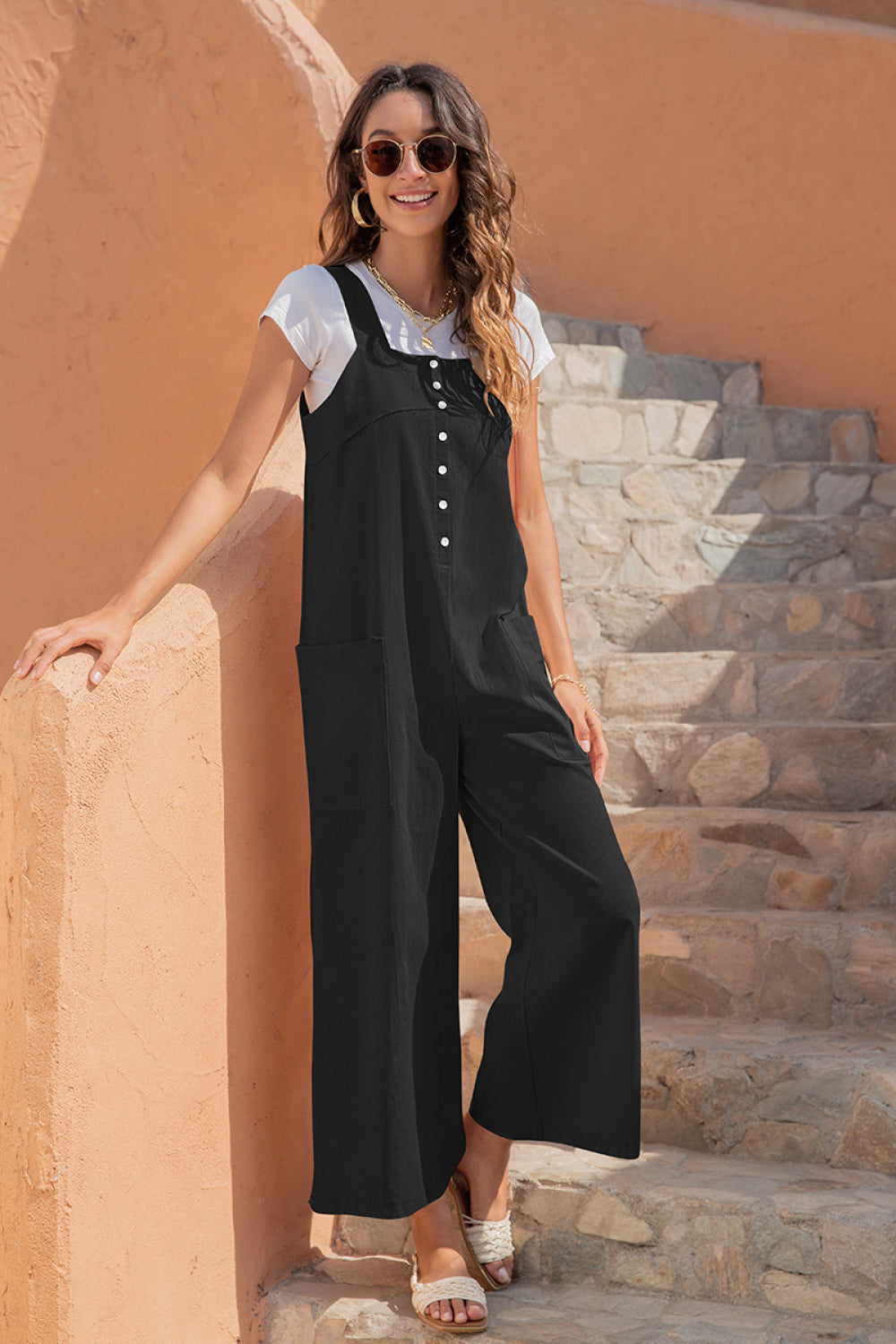 Button Up Pocketed Wide Leg Jumpsuit - Absolute Fashion 2020
