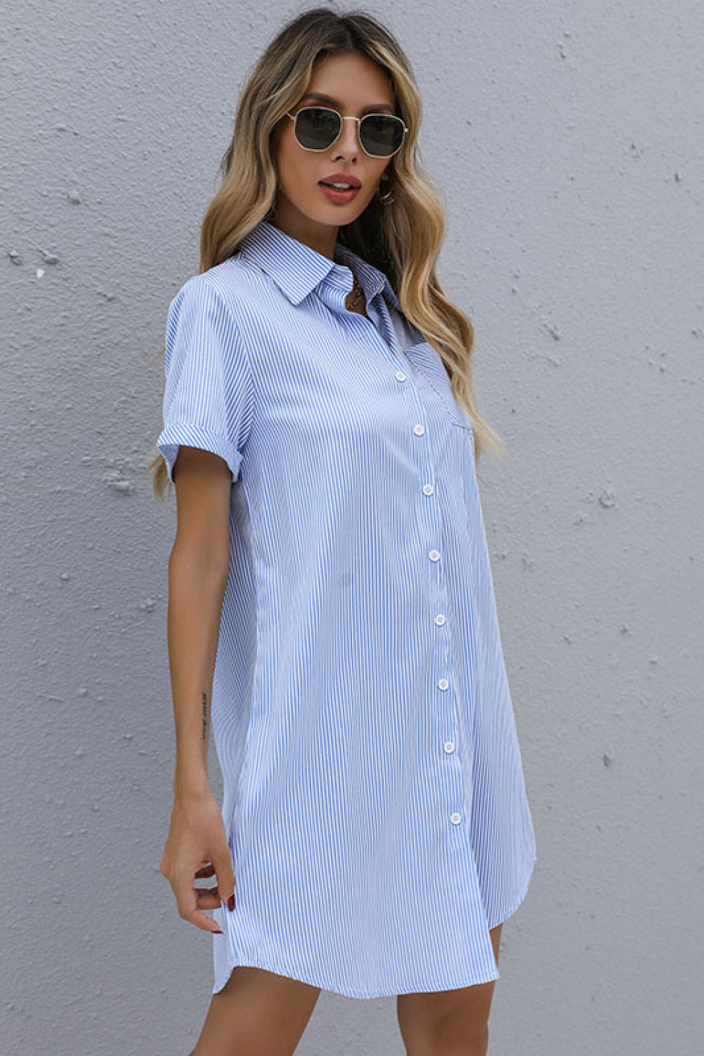 Striped Button Front Mini Shirt Dress(Belt Not Included)