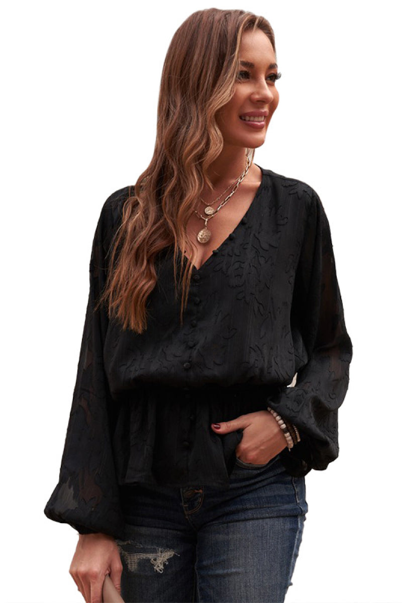 Floral Jacquard Buttoned Long Sleeve Blouse - Absolute Fashion 2020