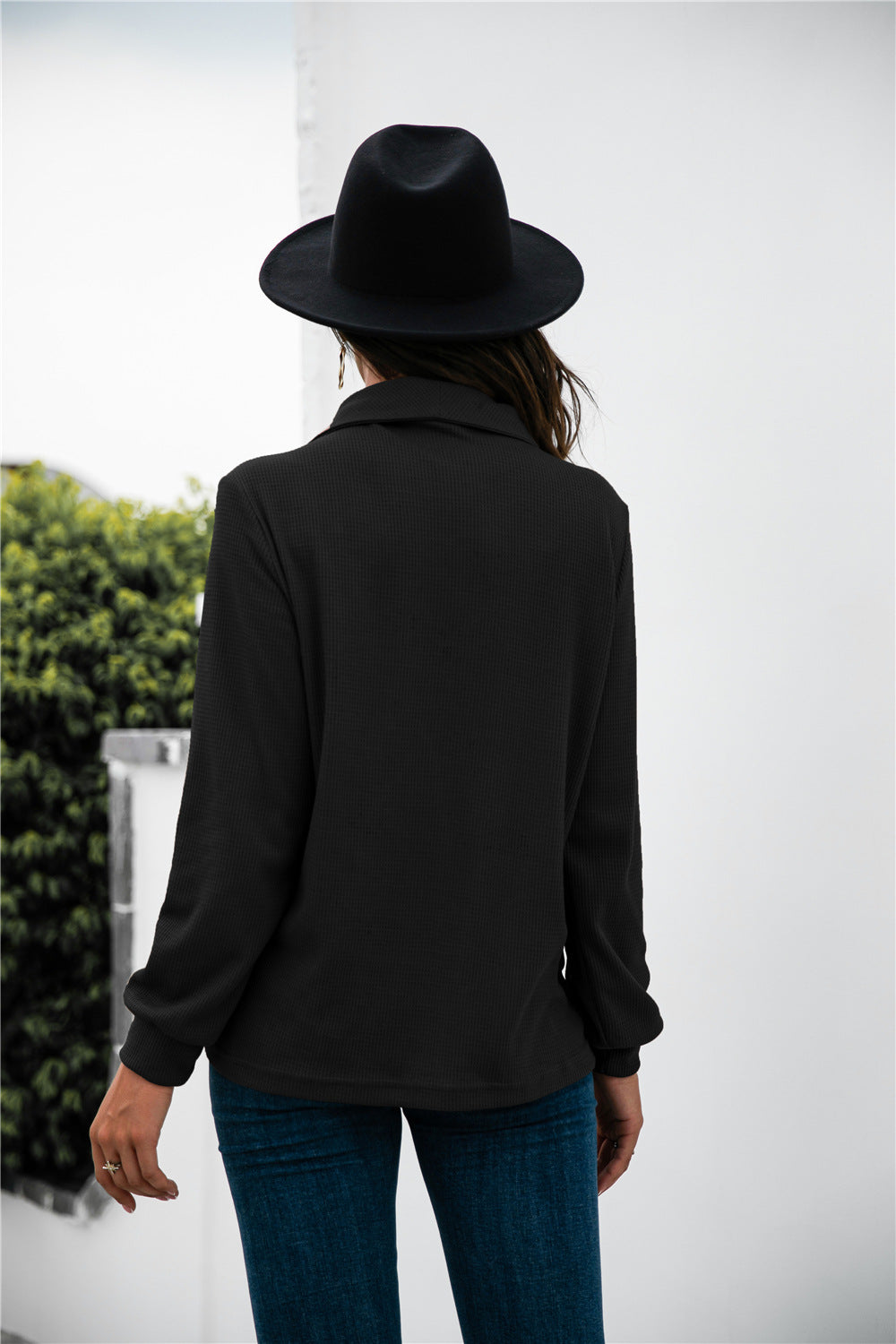 Button Lapel Collar Half Placket Top - Absolute Fashion 2020