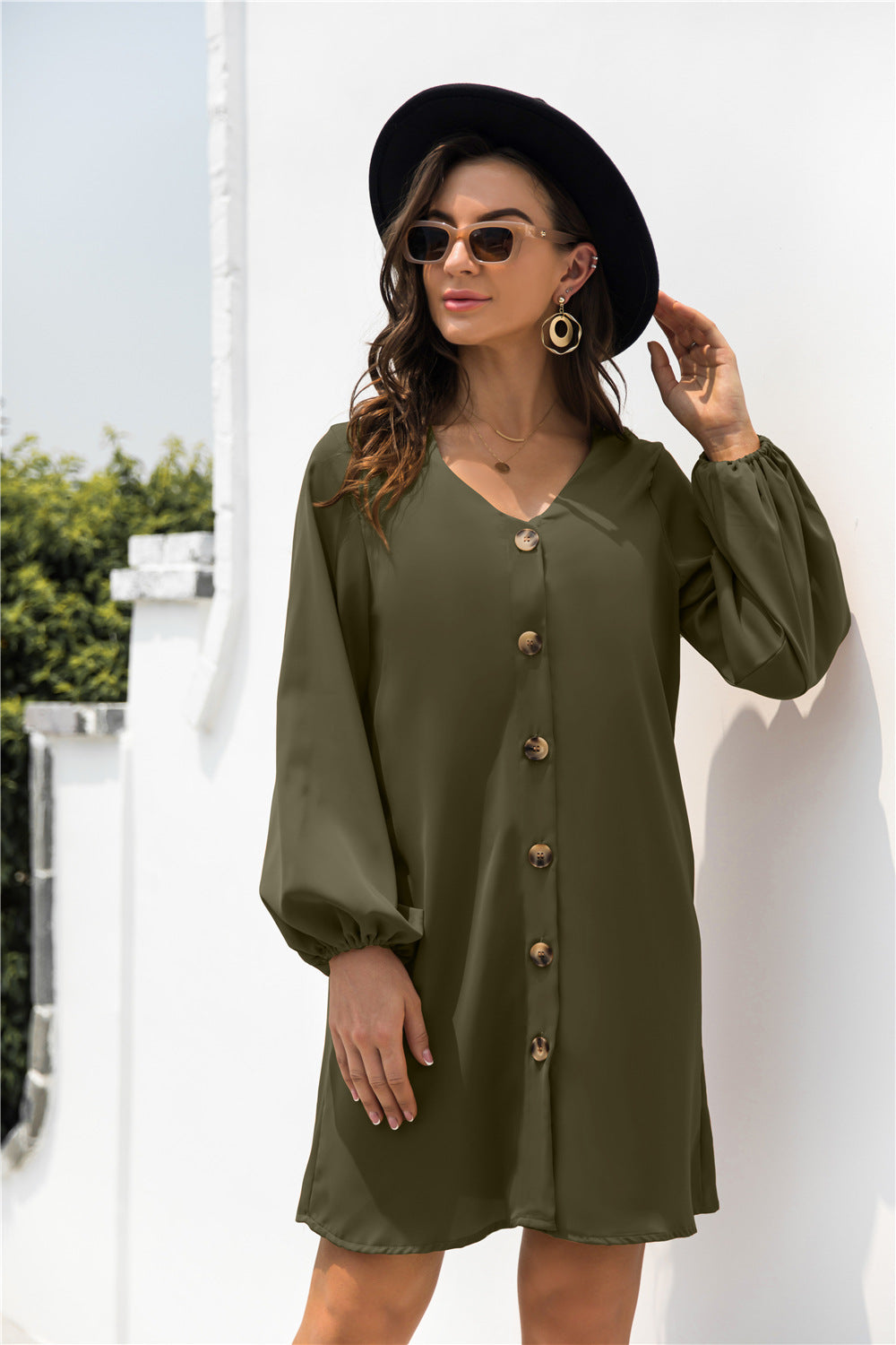 V Neck Button Through Smock Dress - Absolute Fashion 2020