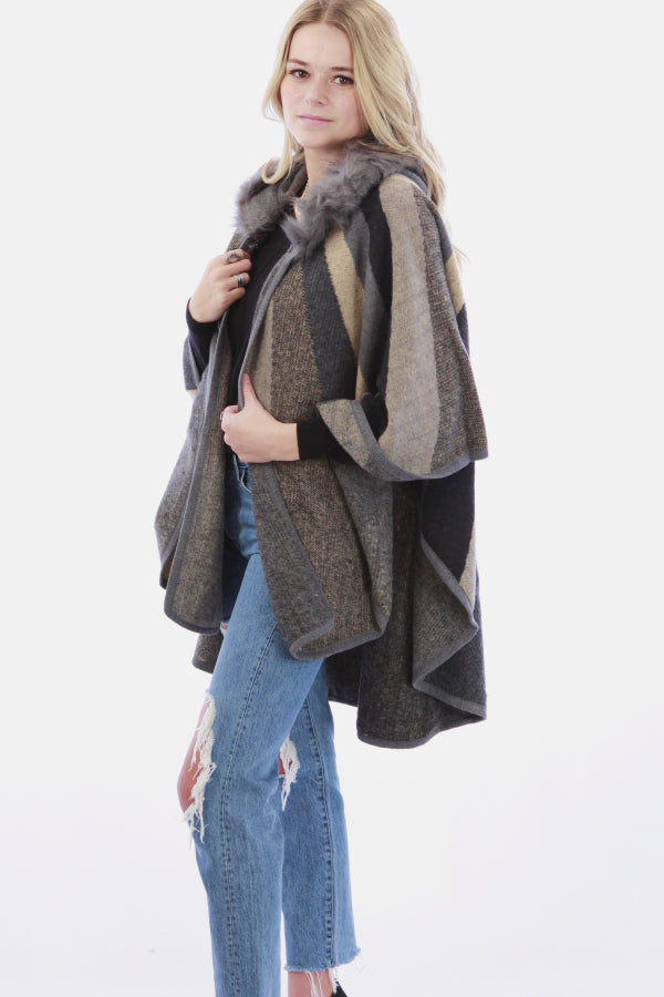 Faux Fur Collar Poncho