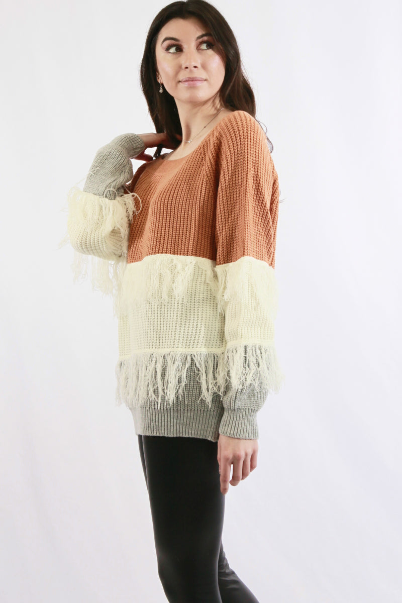Fringe Detail Color Block Sweater