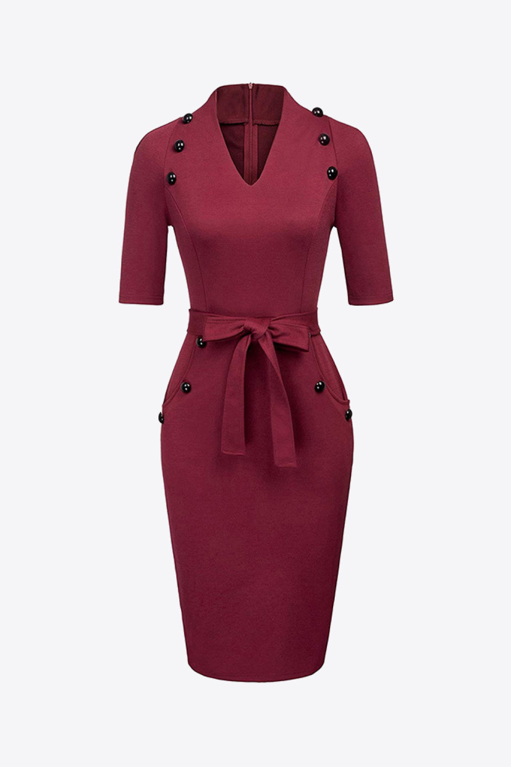 Decorative Button Belted Zip-Back Slit Dress