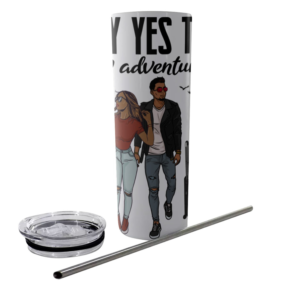 Say Yes To New Adventure Glitter Tumbler With Stainless Steel Straw 20oz