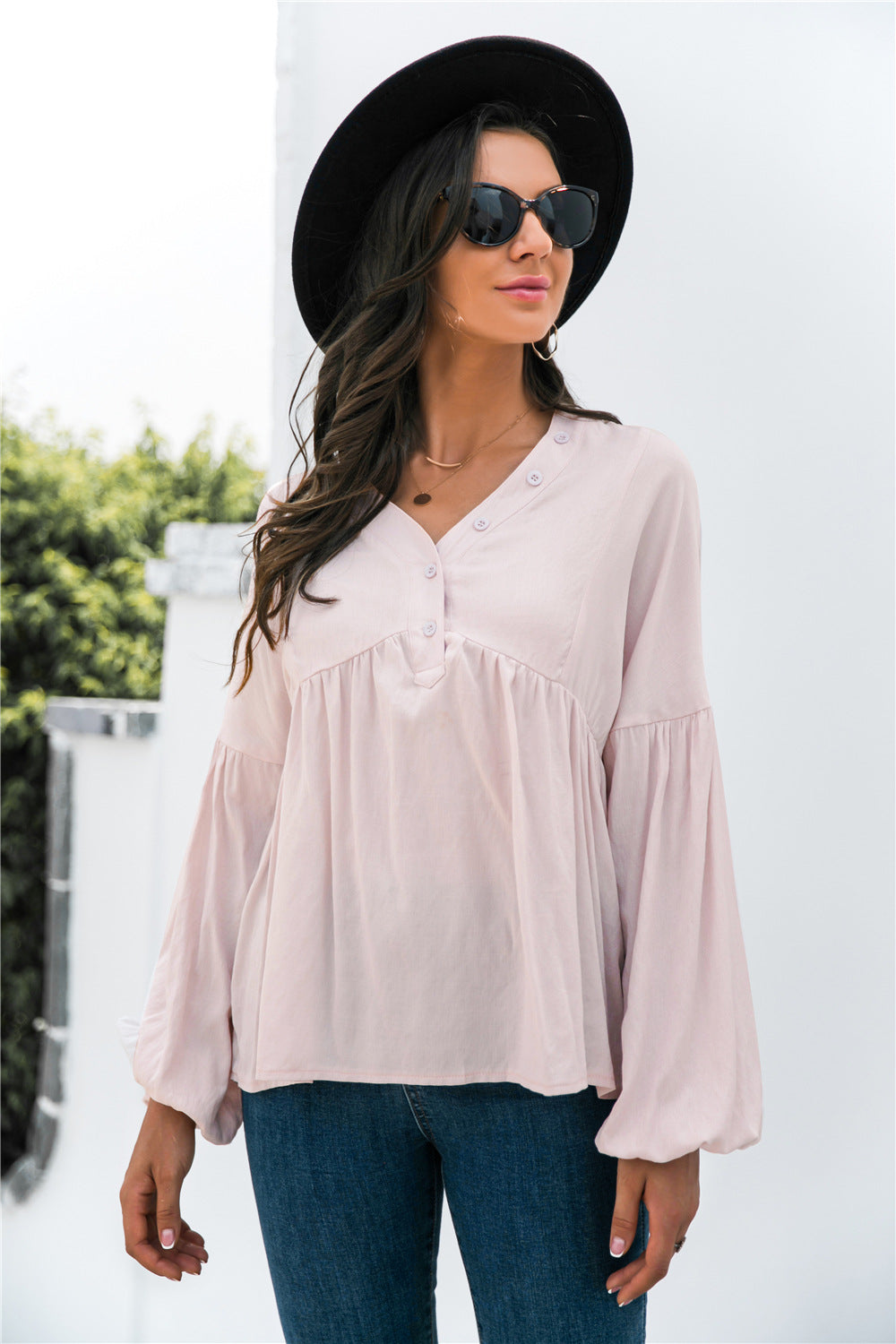 Button Detail Lantern Sleeve Peplum Top - Absolute Fashion 2020
