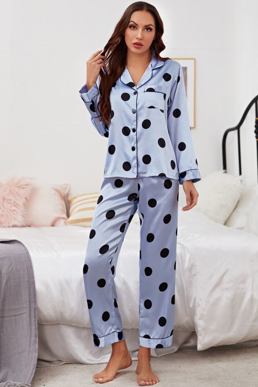 Satin Button-Up Lapel Collar Top and Pants Pajama Set
