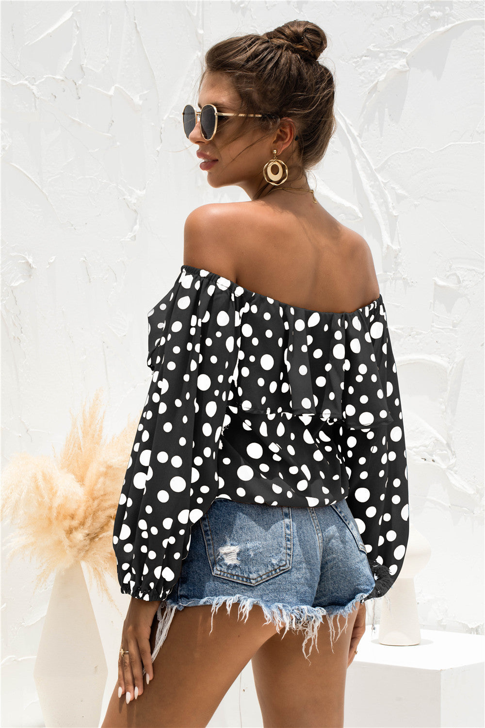 Cold Shoulder Ruffle Detail Polka Dot Blouse - Absolute Fashion 2020