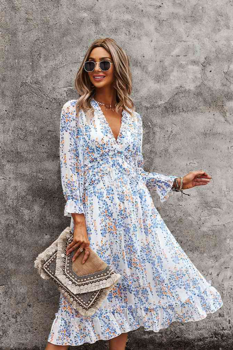 Ditsy Floral Deep V Ruffle Hem Dress - Absolute Fashion 2020