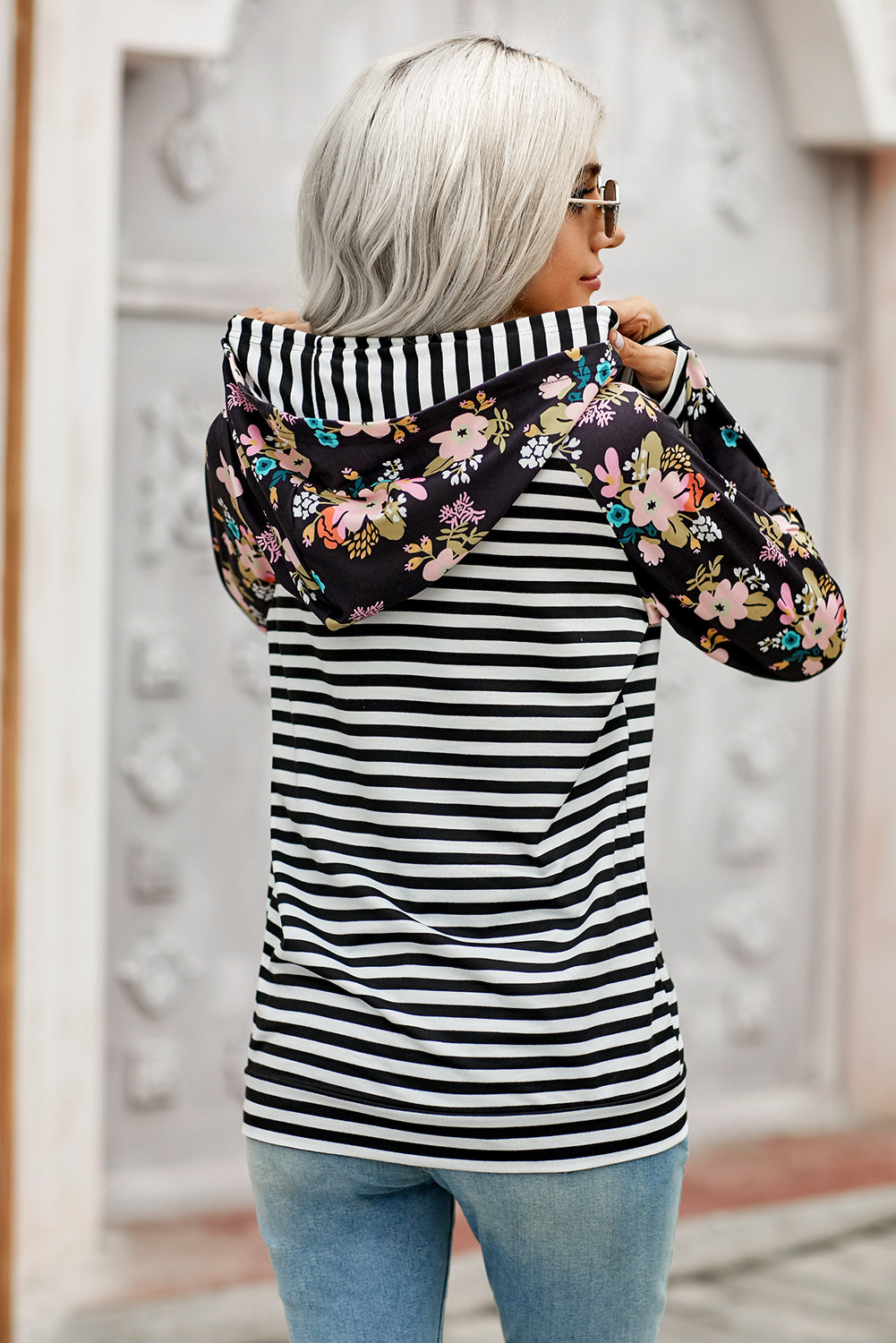 Striped Floral Print Long Sleeve Hoodie - Absolute Fashion 2020