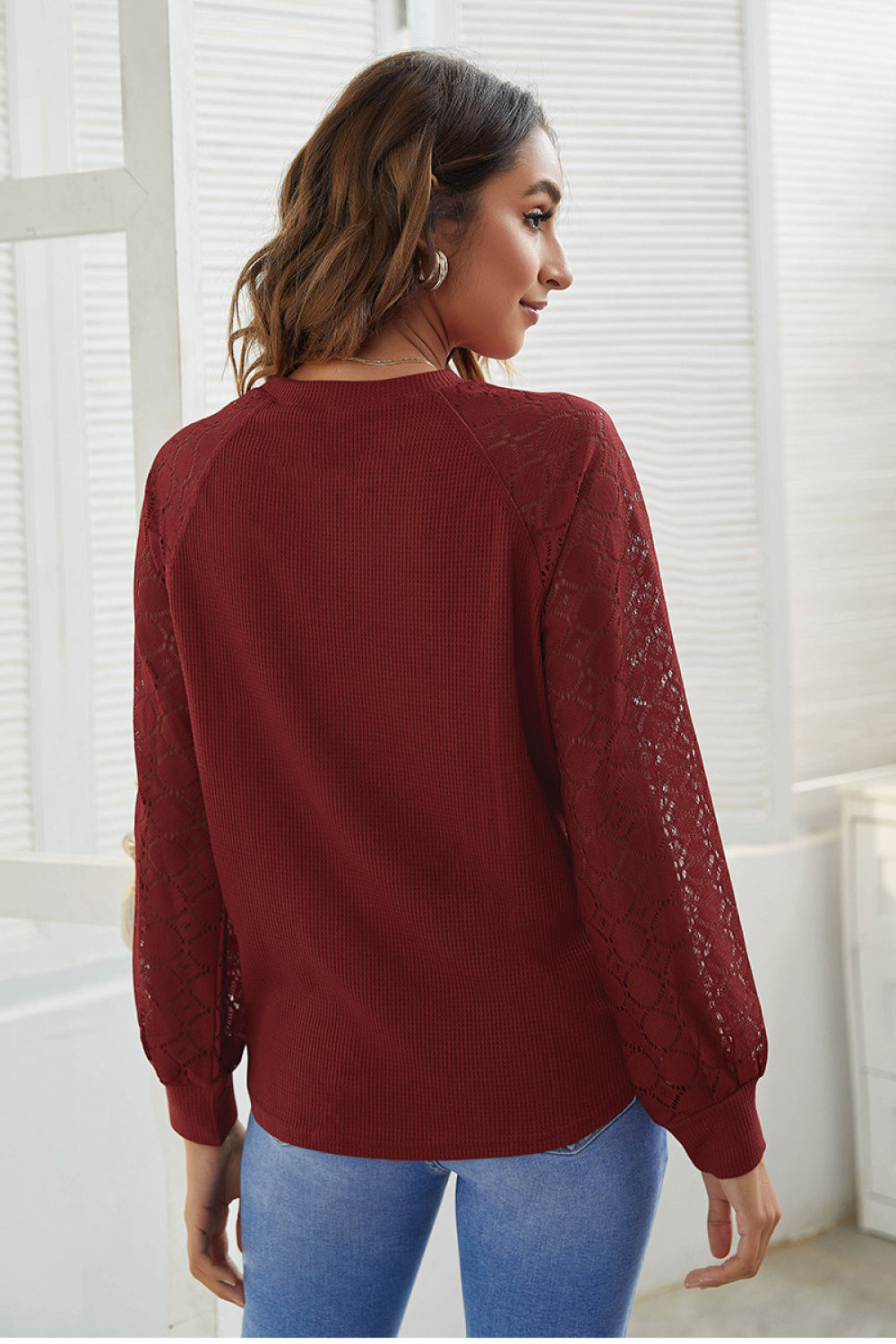 Lace Sleeve Waffle Checks Top - Absolute Fashion 2020