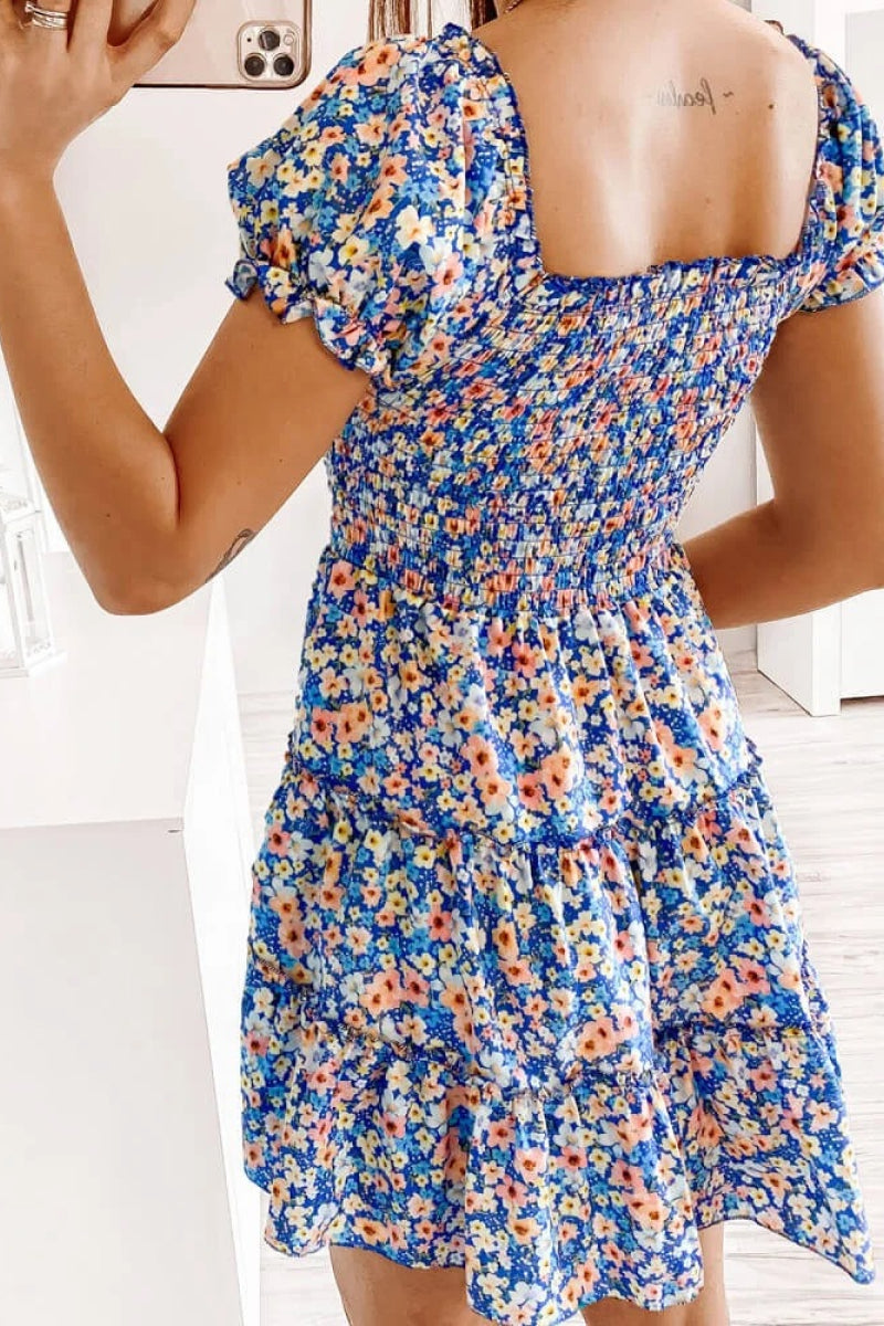 Square Neck Shirred Ruffle Hem Mini Dress - Absolute Fashion 2020