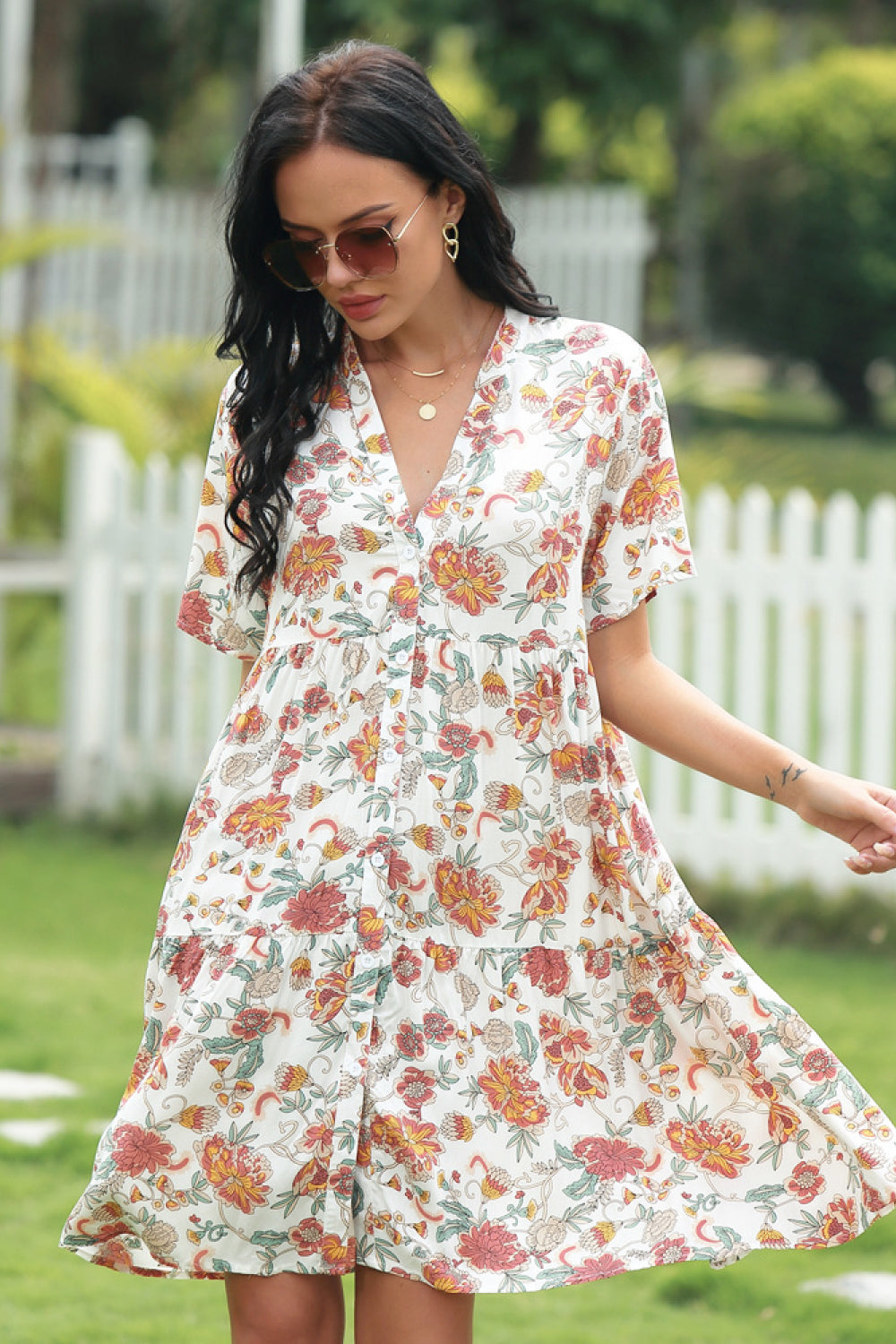 Full Size Floral V-neckline Dress