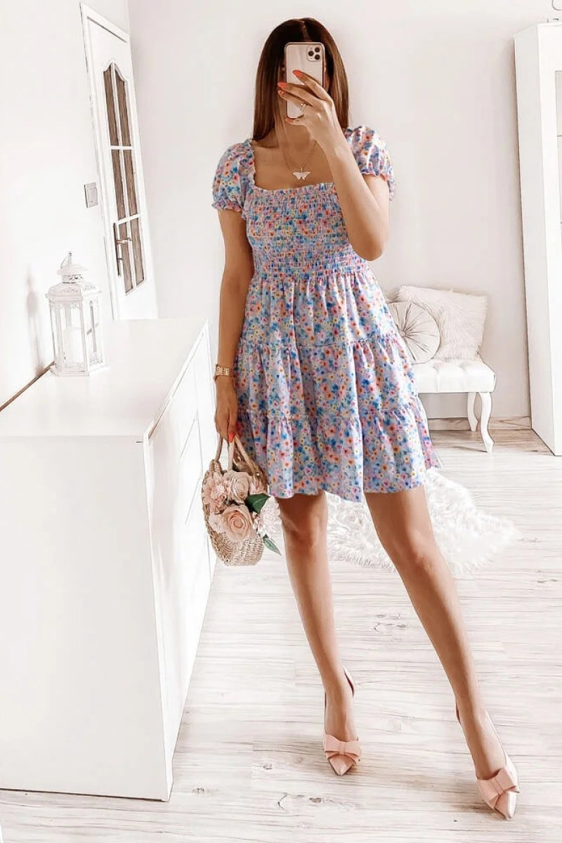 Square Neck Shirred Ruffle Hem Mini Dress - Absolute Fashion 2020