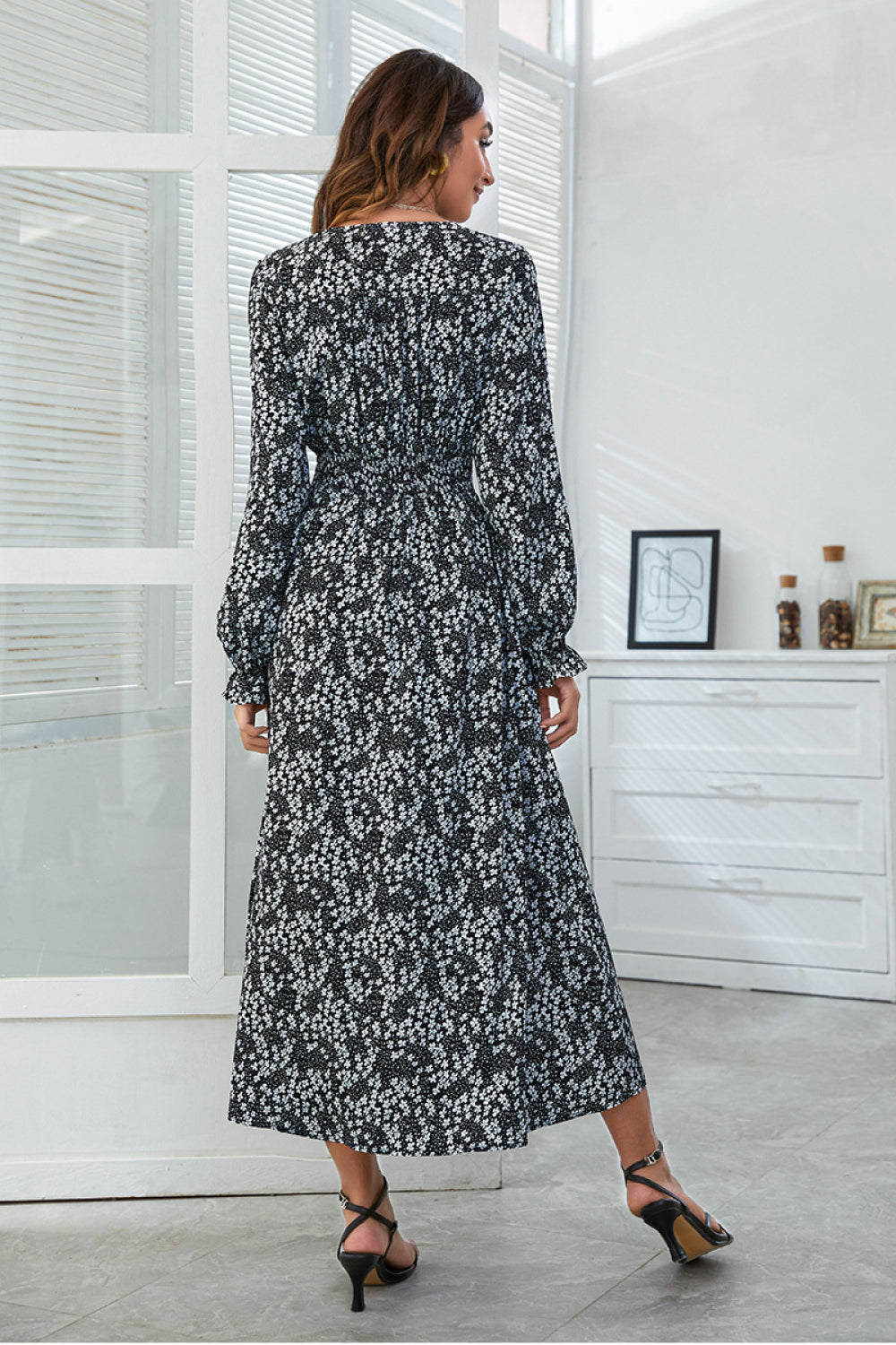 Floral Split Neck Slit Midi Dress