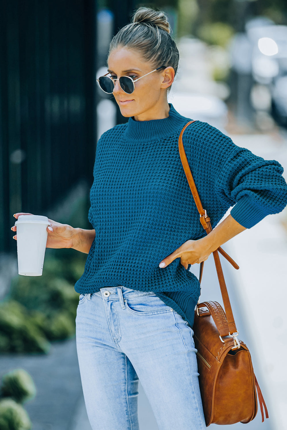 Ribbed Detail Mock Neck Waffle Sweater - Absolute Fashion 2020