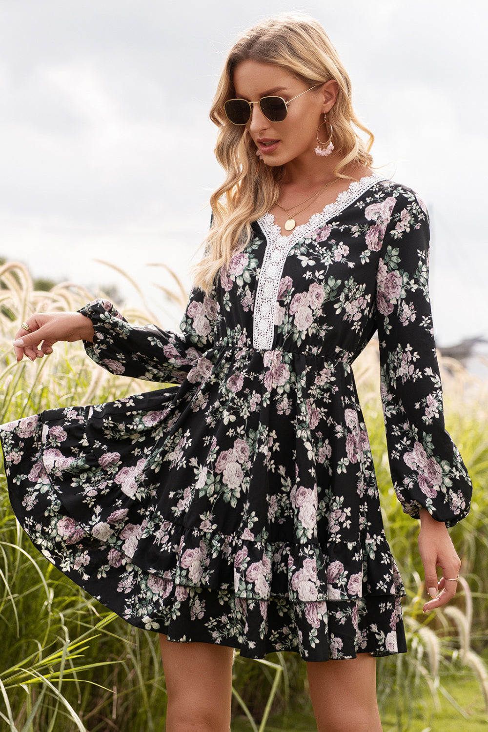 Floral Lace Trim Ruffle Hem Dress - Absolute Fashion 2020