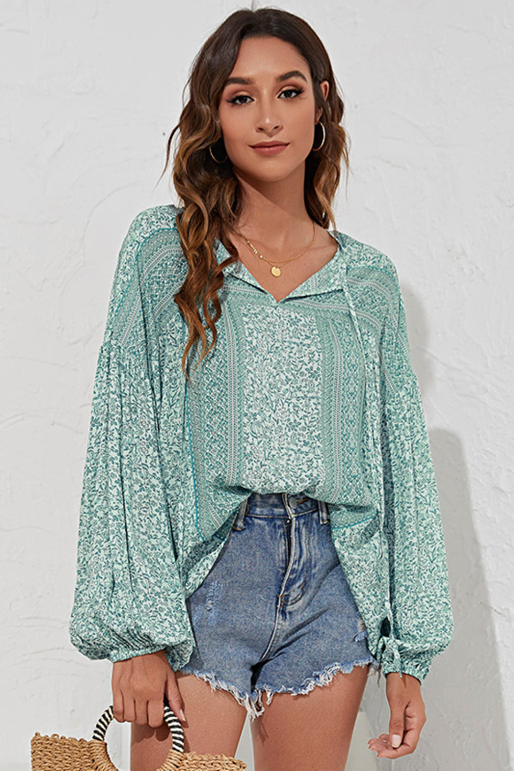 Floral Balloon Sleeve Tie-Neck Top - Absolute Fashion 2020