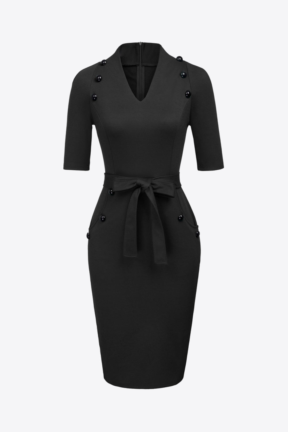 Decorative Button Belted Zip-Back Slit Dress