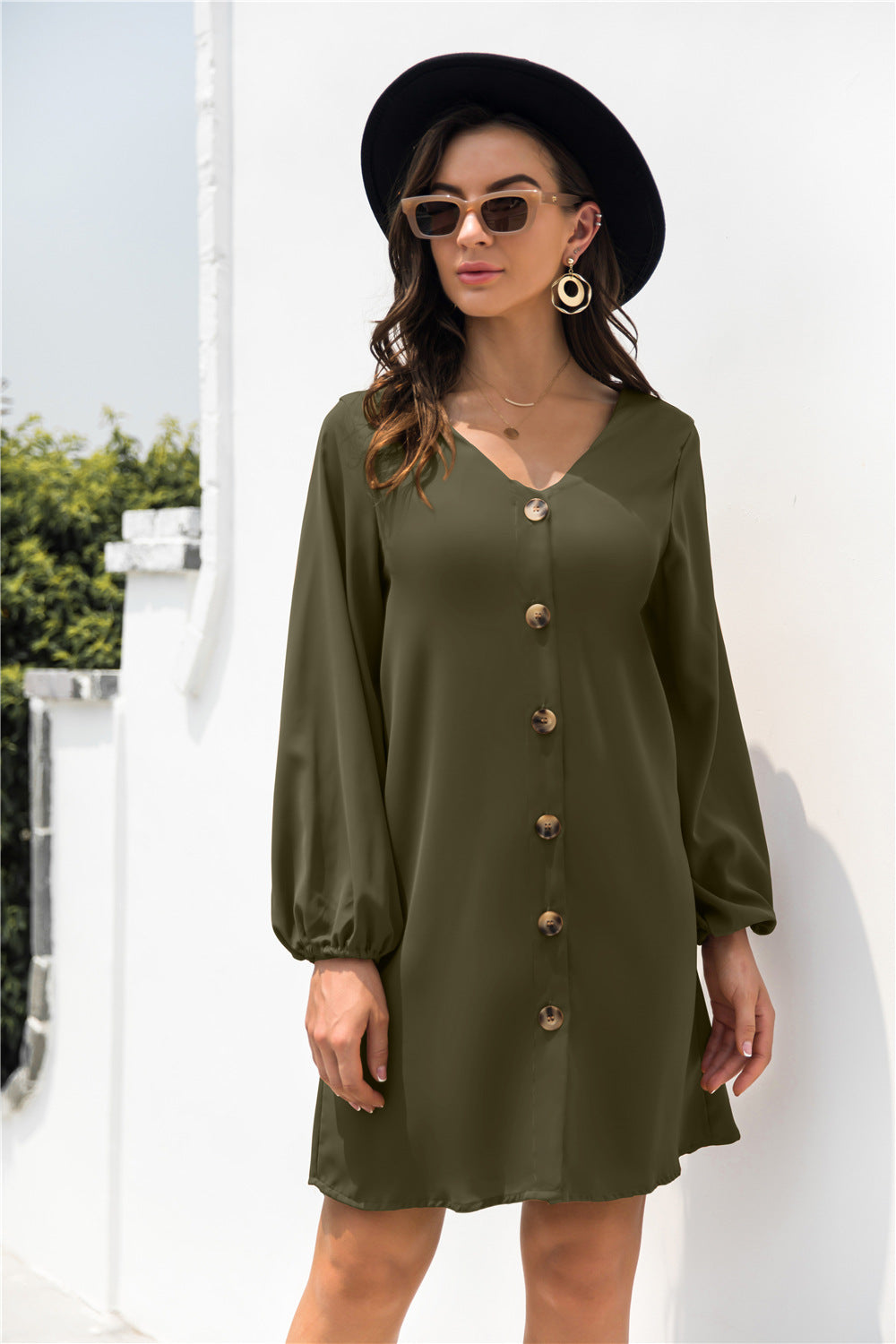 V Neck Button Through Smock Dress - Absolute Fashion 2020