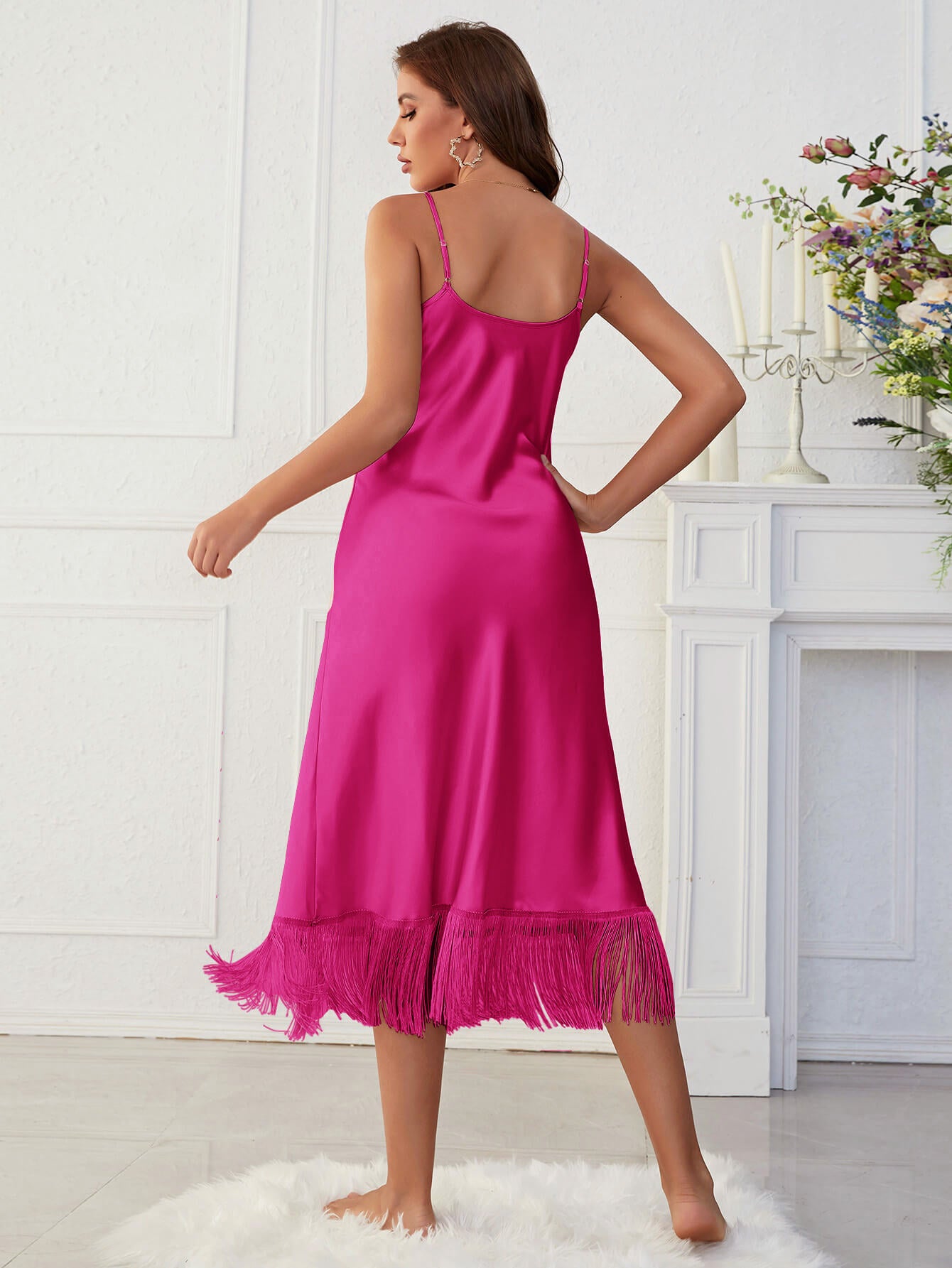 Spaghetti Strap V-Neck Ruffle Hem Satin Night Dress