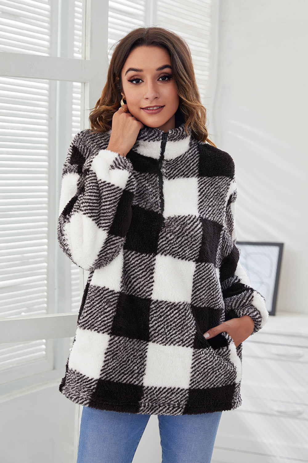 Buffalo Plaid Quarter Zip Teddy Pullover