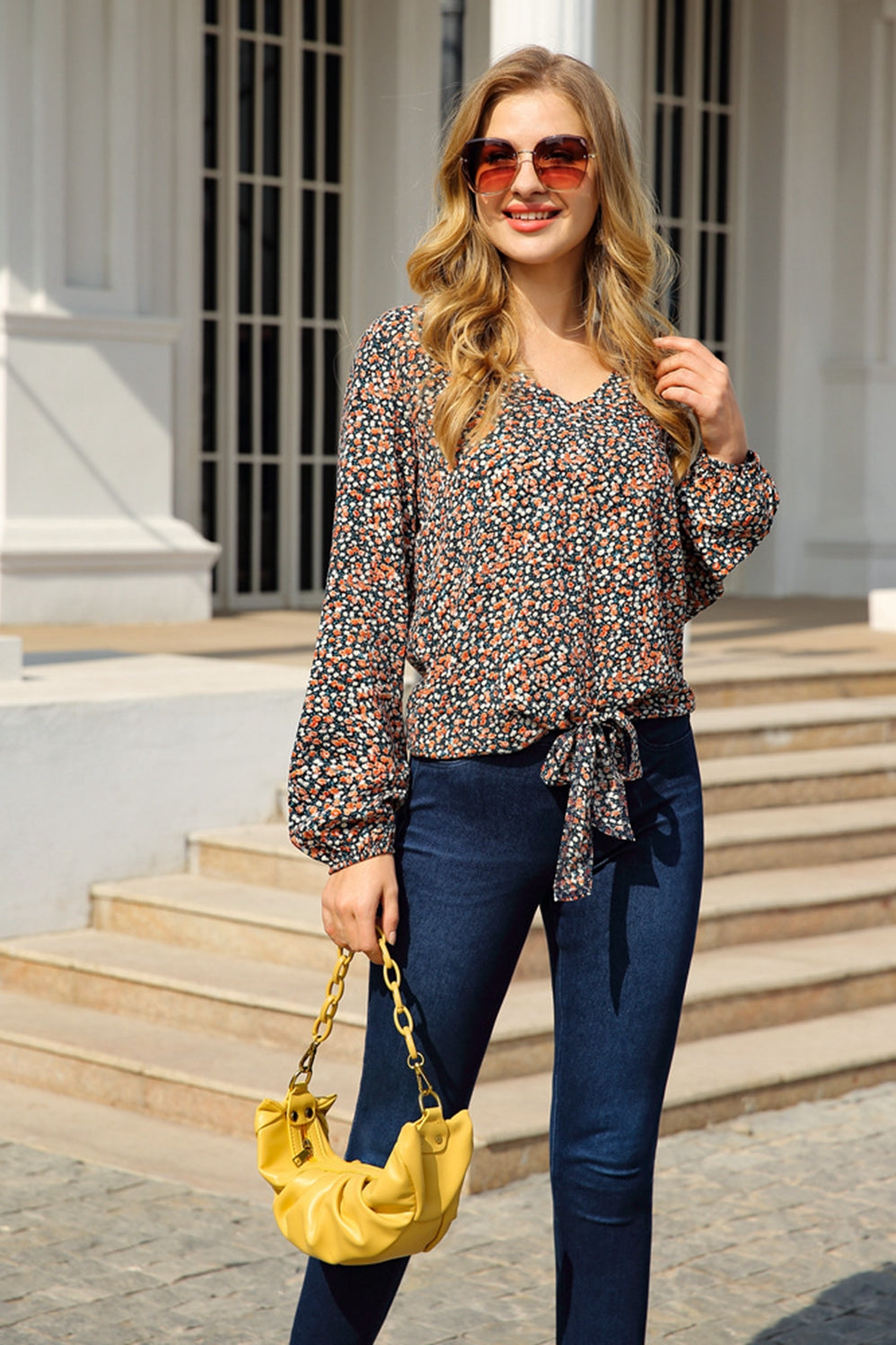 Floral Lace-up Long Sleeve Top